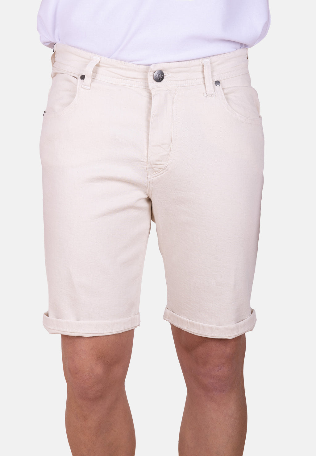 Bermuda vaquera beige de sarga tejana con acabado elástico