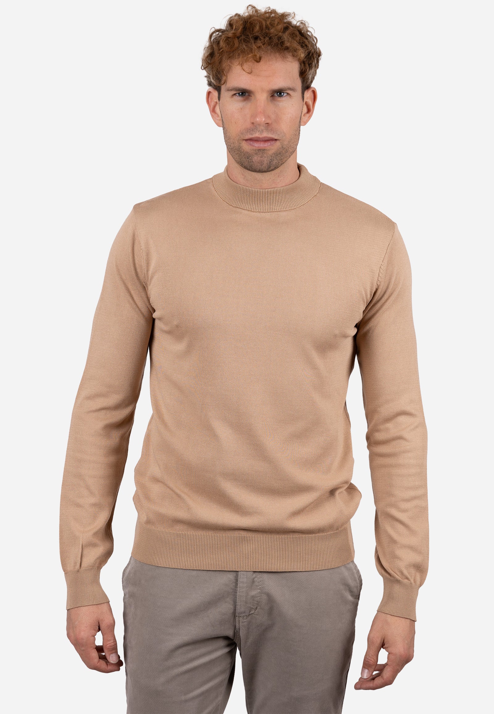Jersey liso cuello caja con textura granulada y puños elásticos a rayas Camel