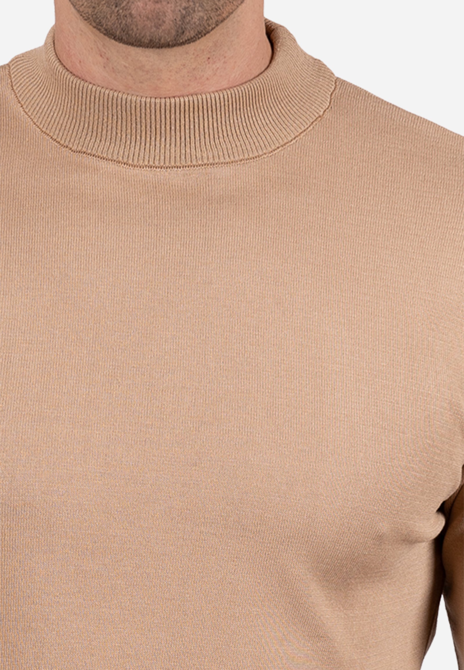 Jersey liso cuello caja con textura granulada y puños elásticos a rayas Camel