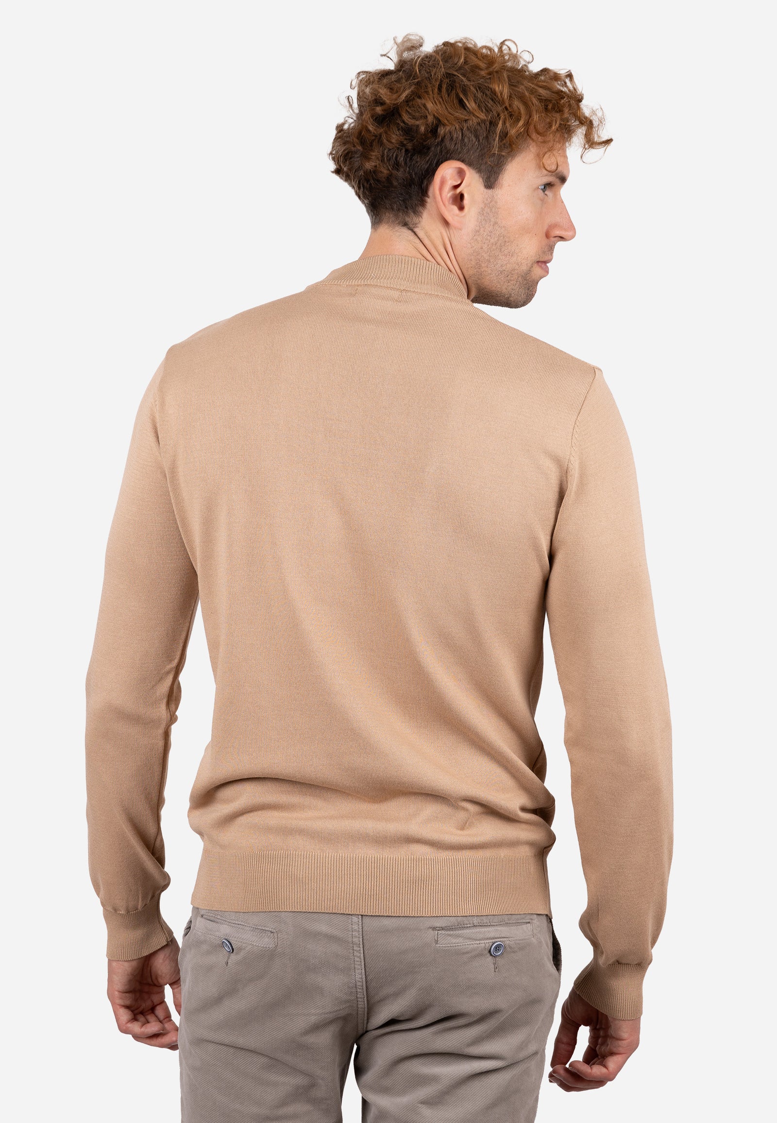 Jersey liso cuello caja con textura granulada y puños elásticos a rayas Camel