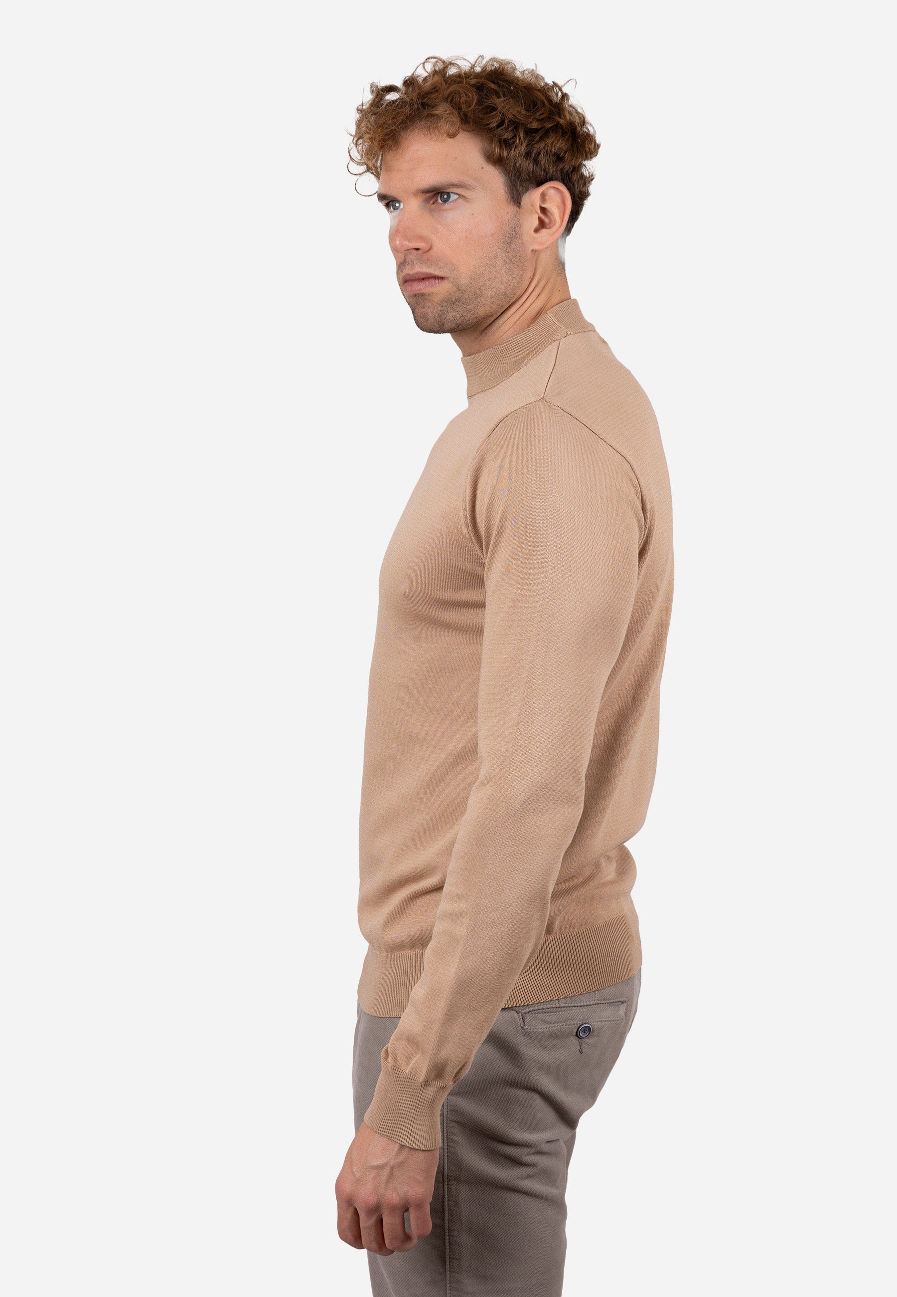 Jersey liso cuello caja con textura granulada y puños elásticos a rayas Camel