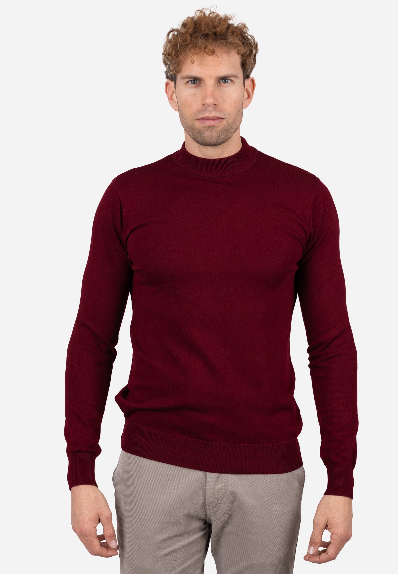 Jersey liso cuello caja con textura granulada y puños elásticos a rayas Burdeos