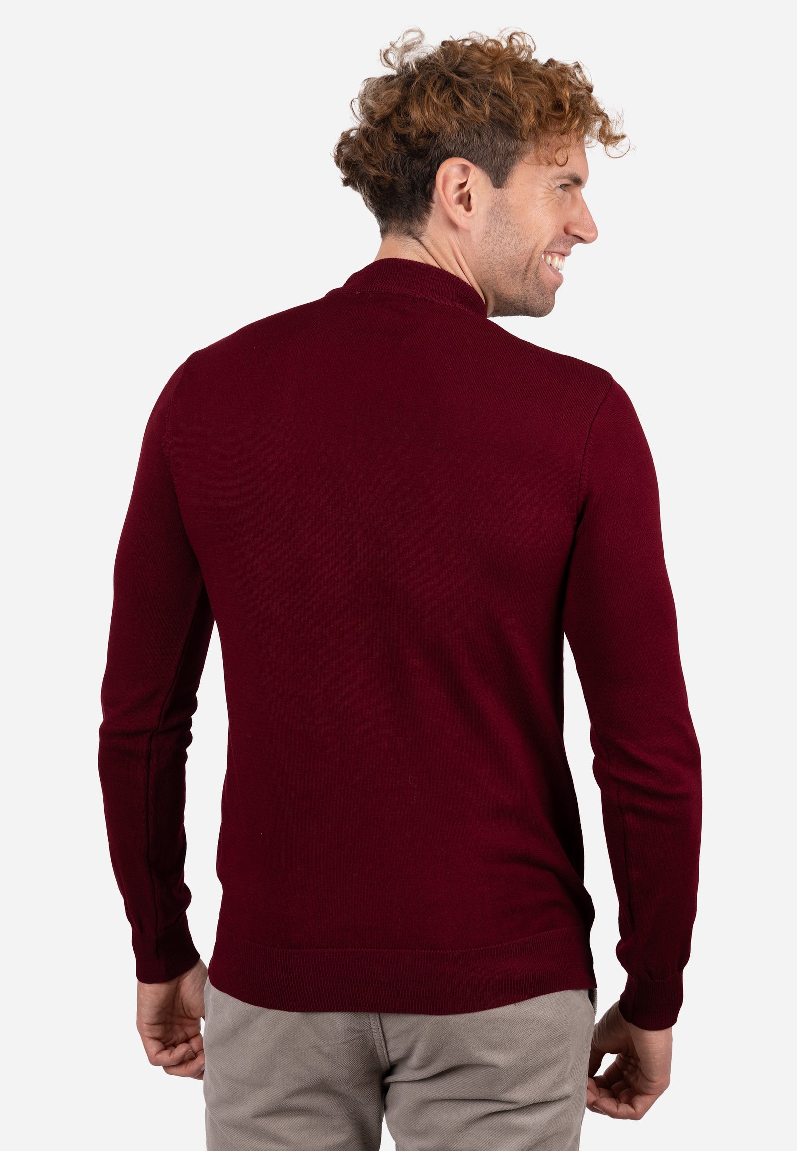 Jersey liso cuello caja con textura granulada y puños elásticos a rayas Burdeos