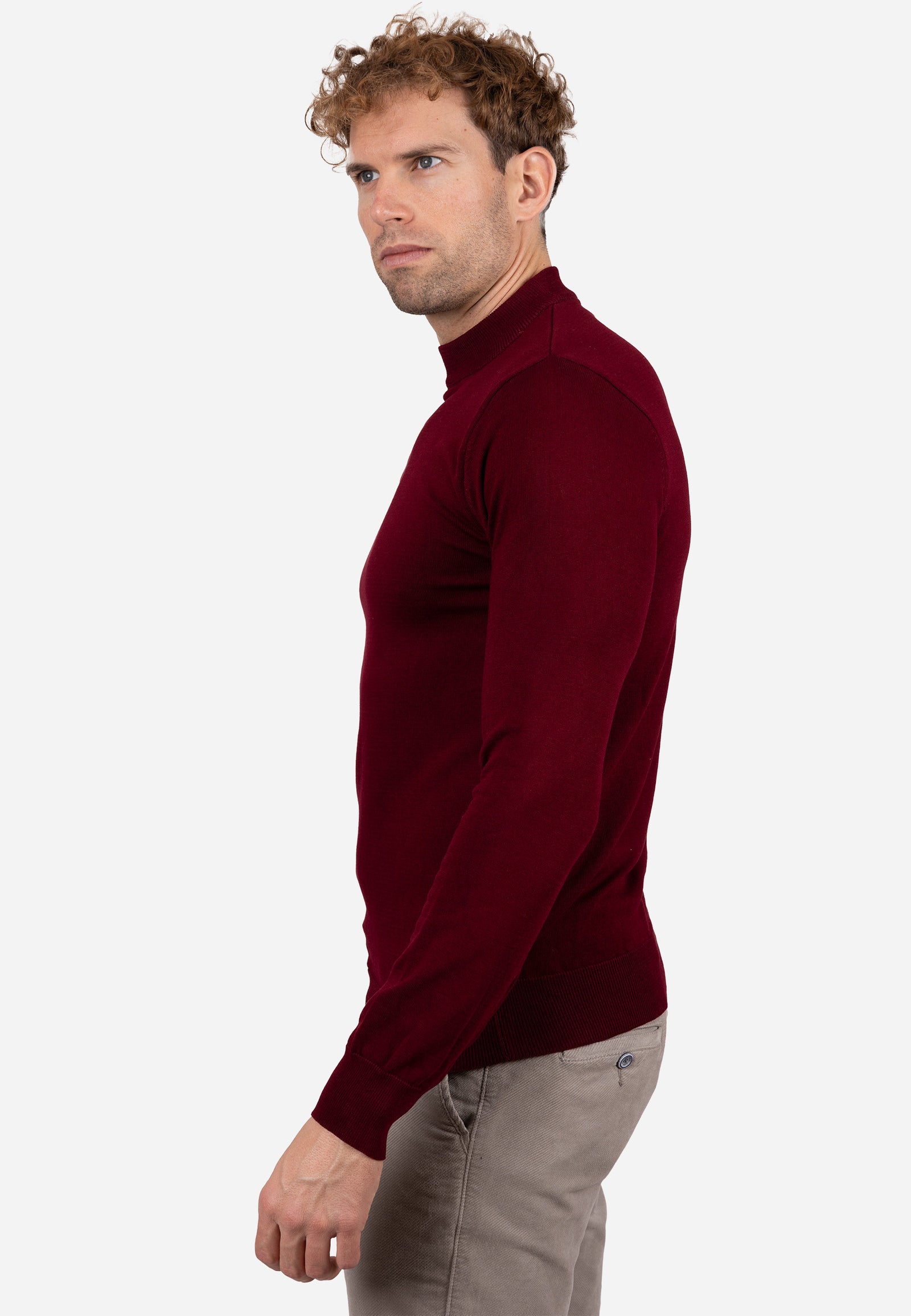 Jersey liso cuello caja con textura granulada y puños elásticos a rayas Burdeos