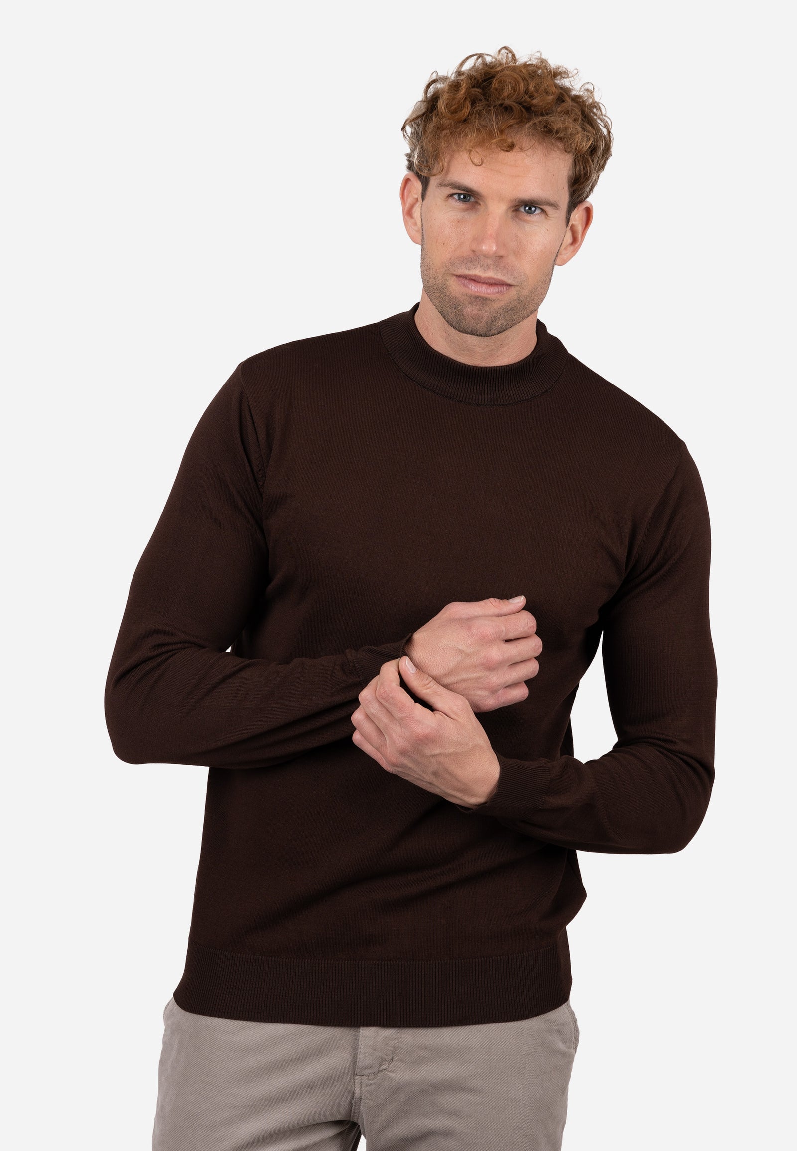 Jersey liso cuello caja con textura granulada y puños elásticos a rayas Marrón