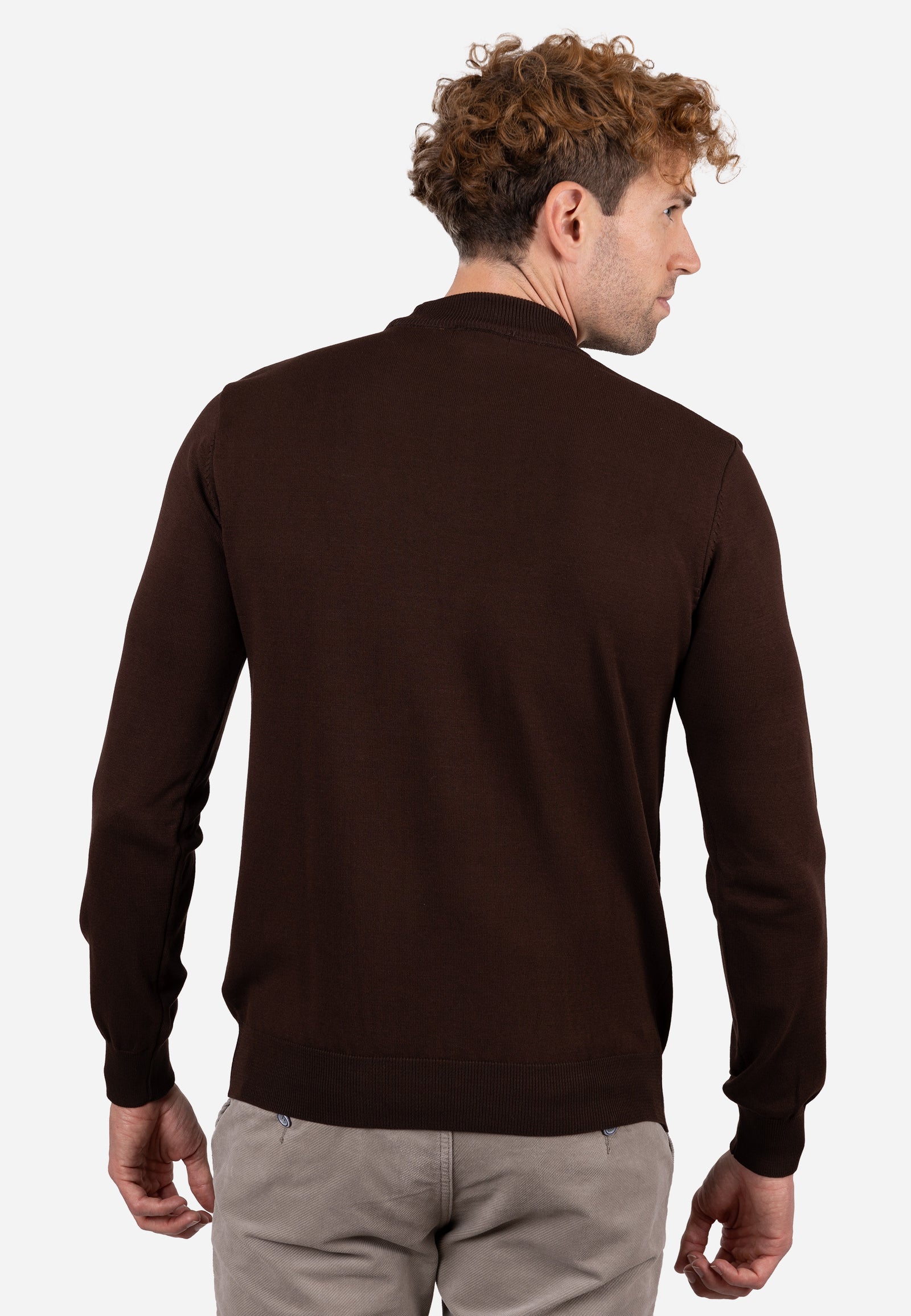 Jersey liso cuello caja con textura granulada y puños elásticos a rayas Marrón