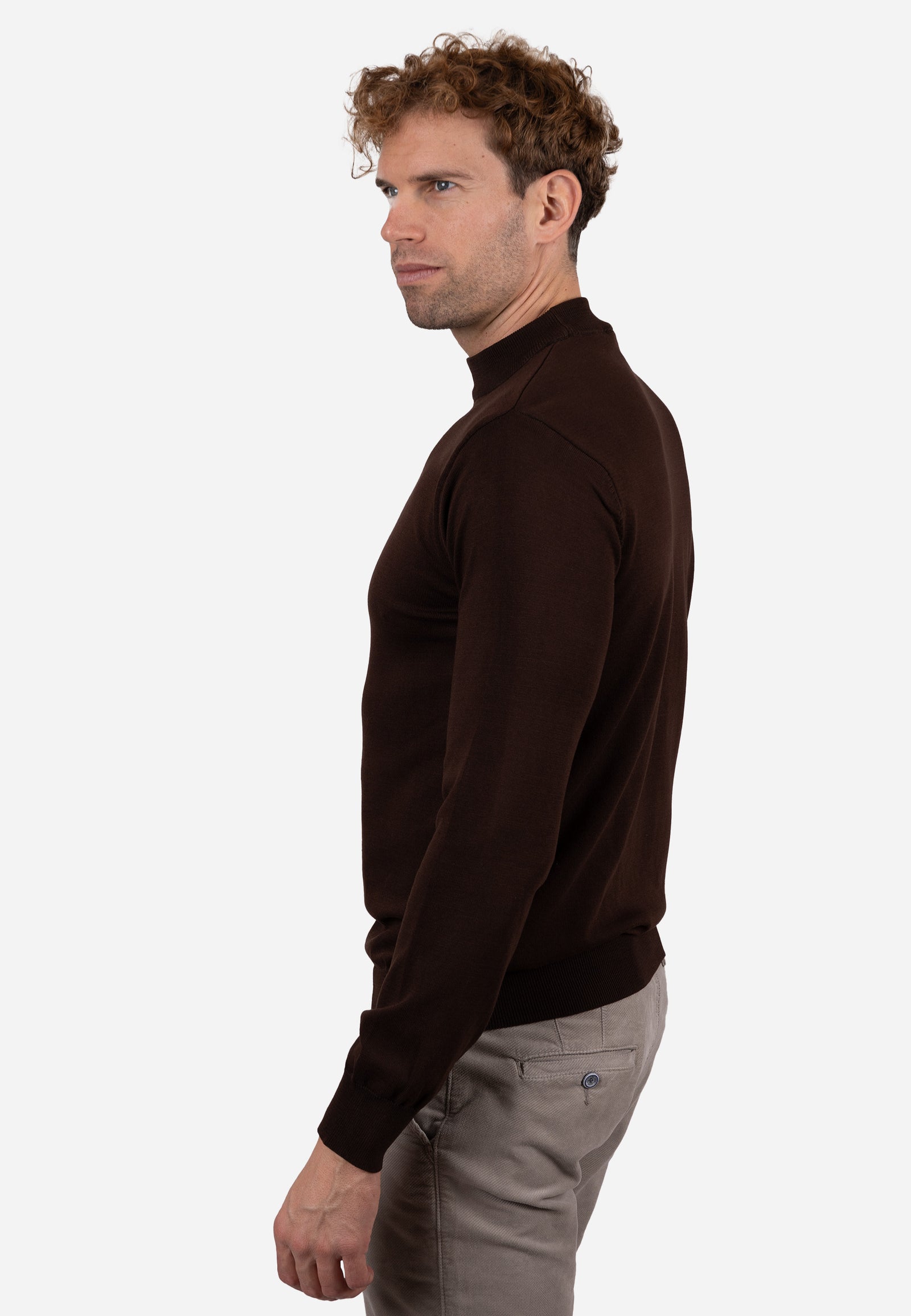 Jersey liso cuello caja con textura granulada y puños elásticos a rayas Marrón