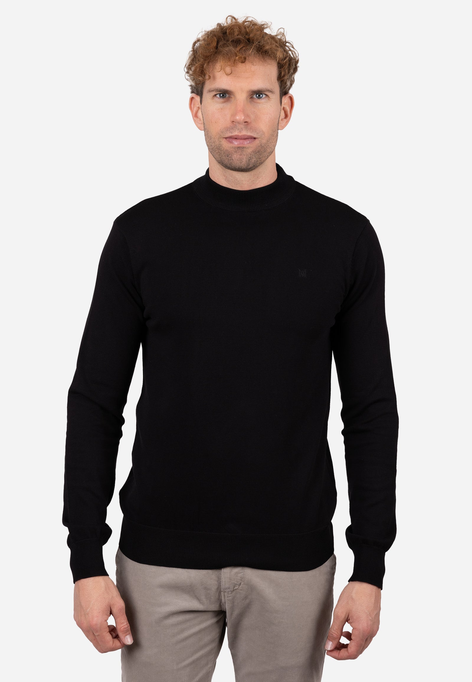 Jersey liso cuello caja con textura granulada y puños elásticos a rayas Negro