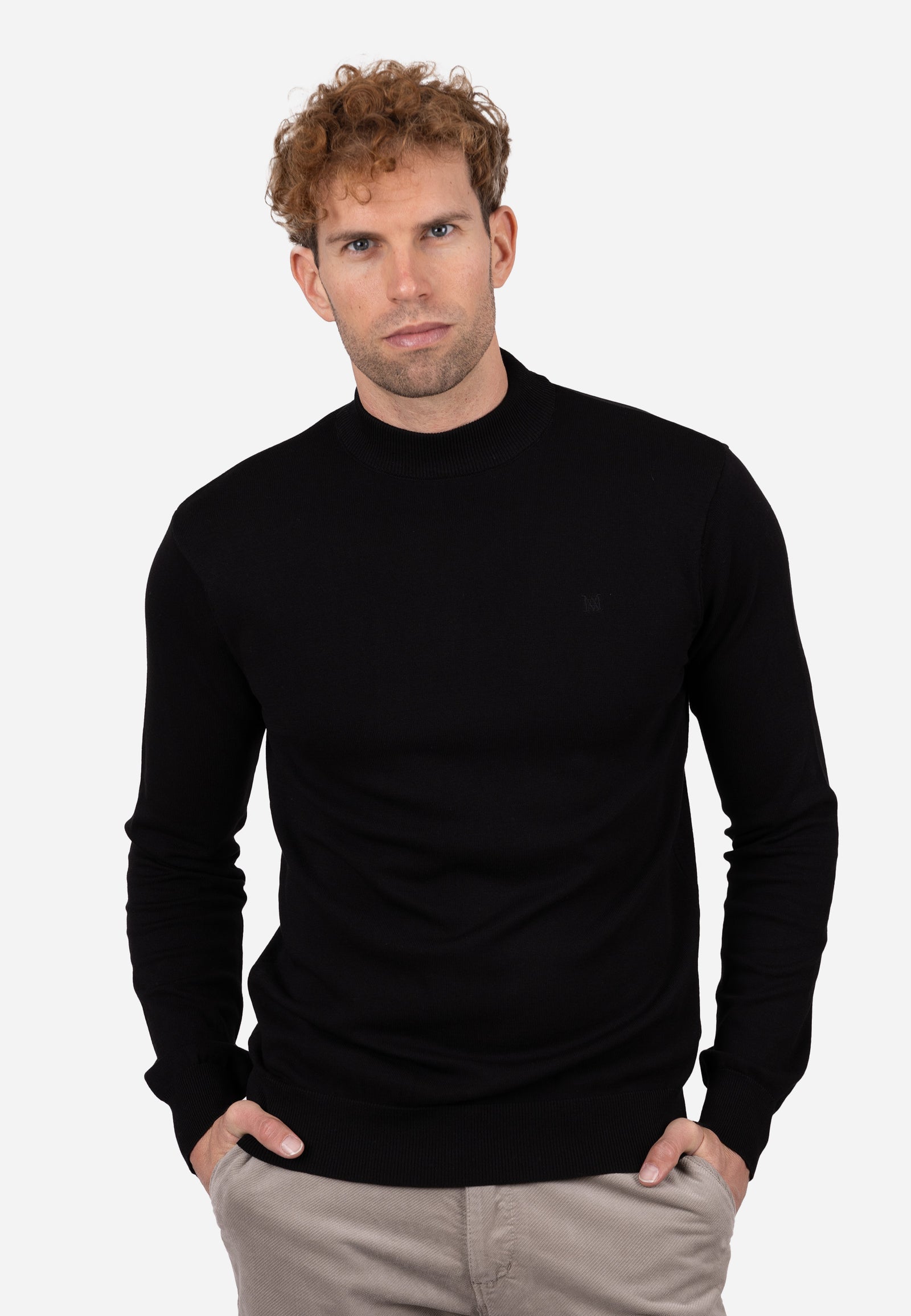 Jersey liso cuello caja con textura granulada y puños elásticos a rayas Negro