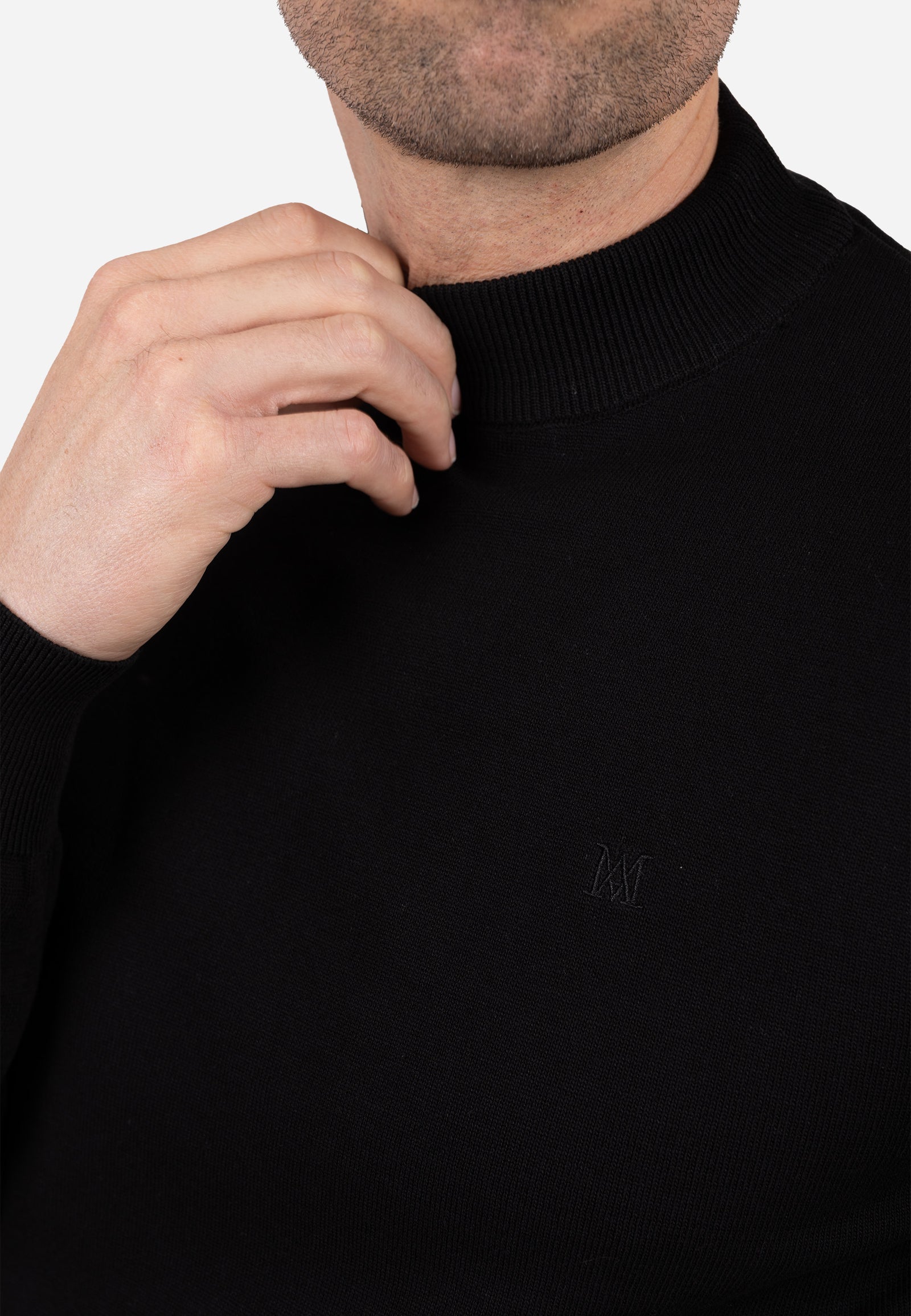 Jersey liso cuello caja con textura granulada y puños elásticos a rayas Negro