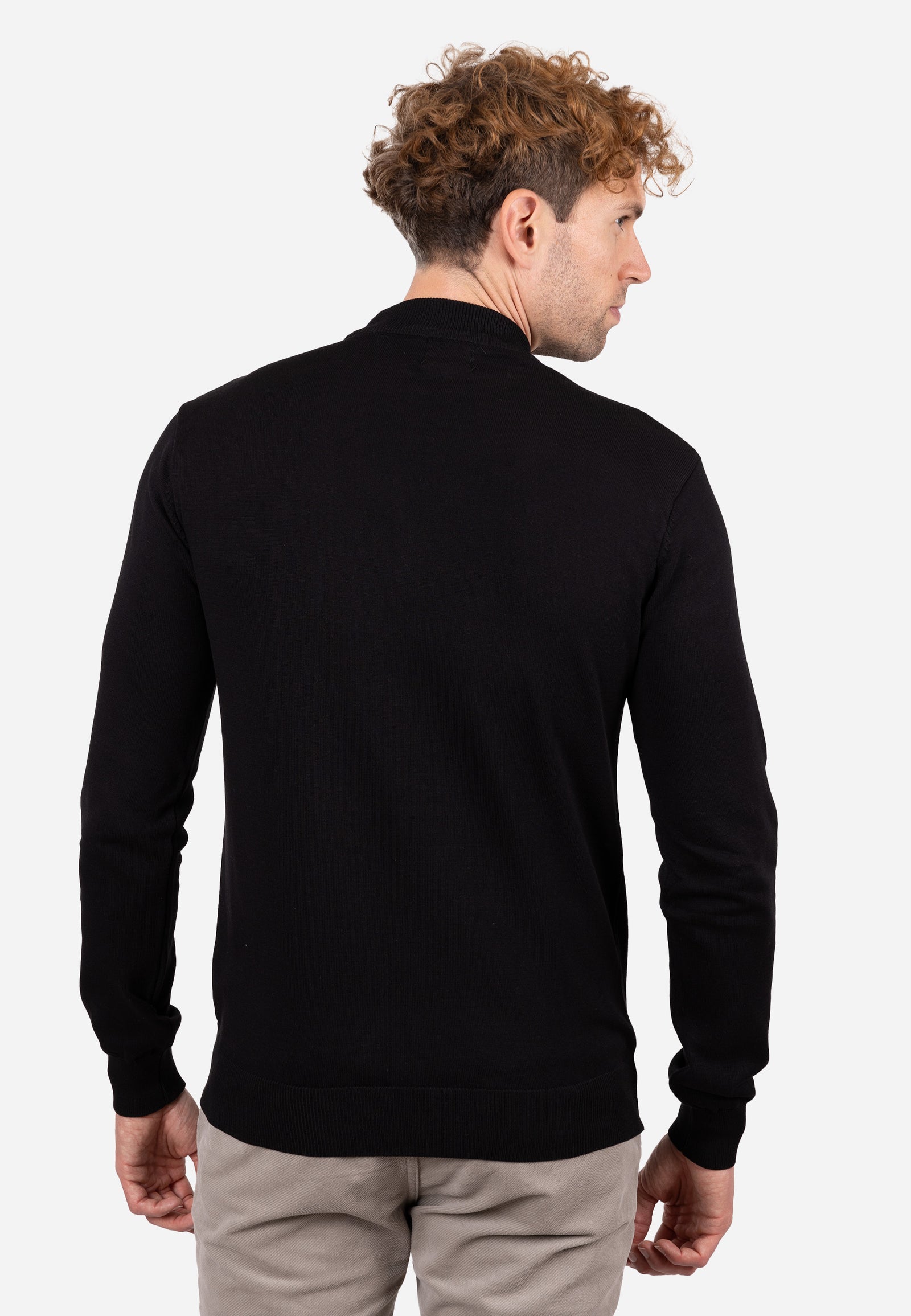 Jersey liso cuello caja con textura granulada y puños elásticos a rayas Negro