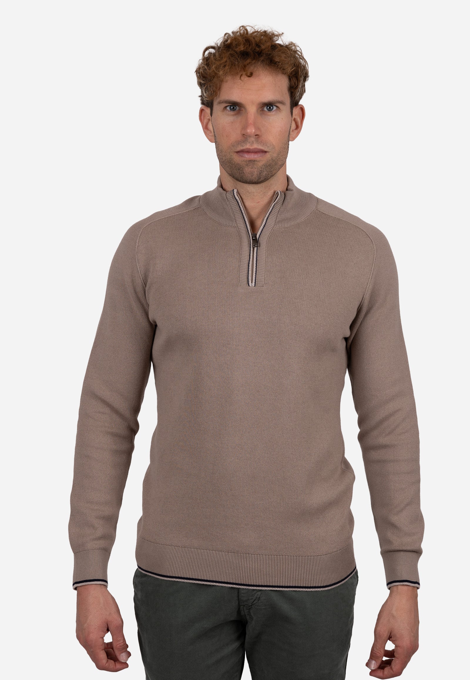 Jersey Hombre Media Cremallera Horizontal con Refuerzo en Hombros Beige