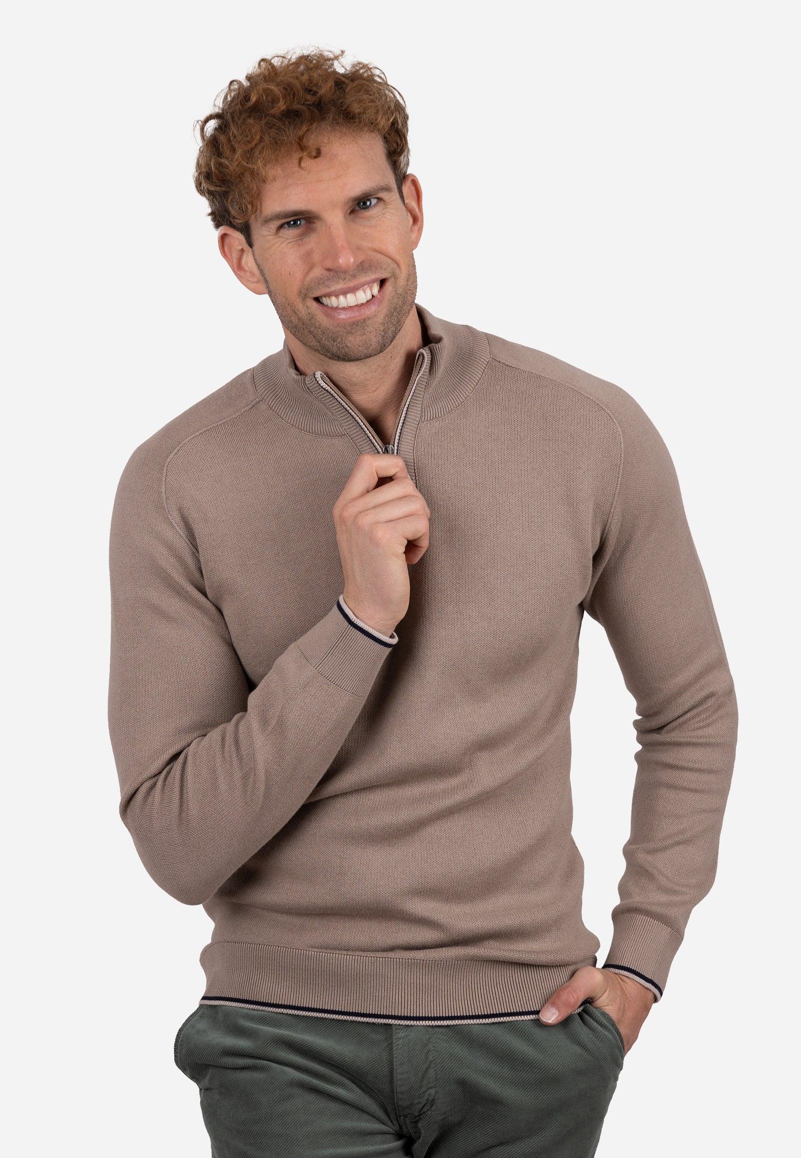 Jersey Hombre Media Cremallera Horizontal con Refuerzo en Hombros Beige