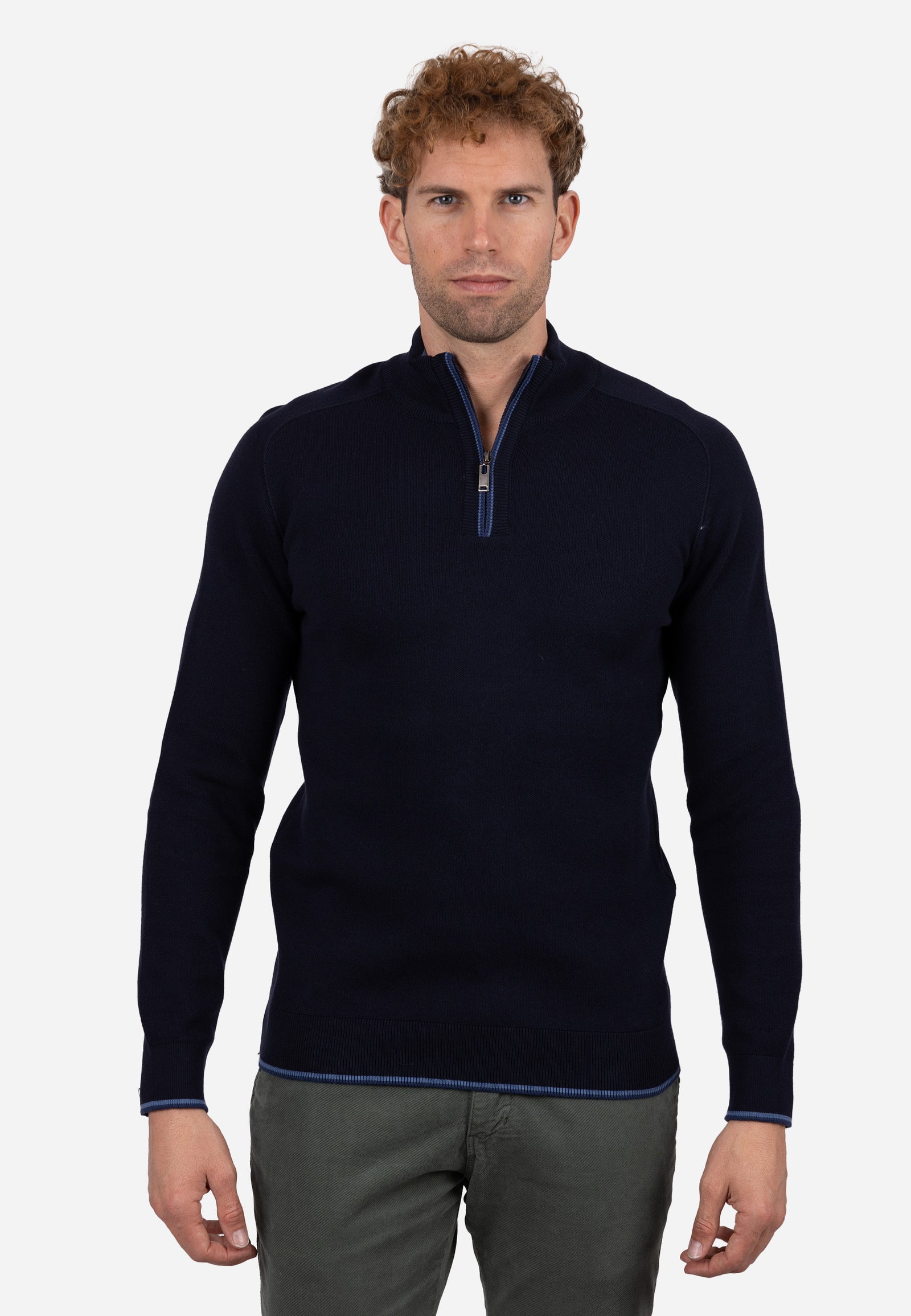 Jersey Hombre Media Cremallera Horizontal con Refuerzo en Hombros Marino