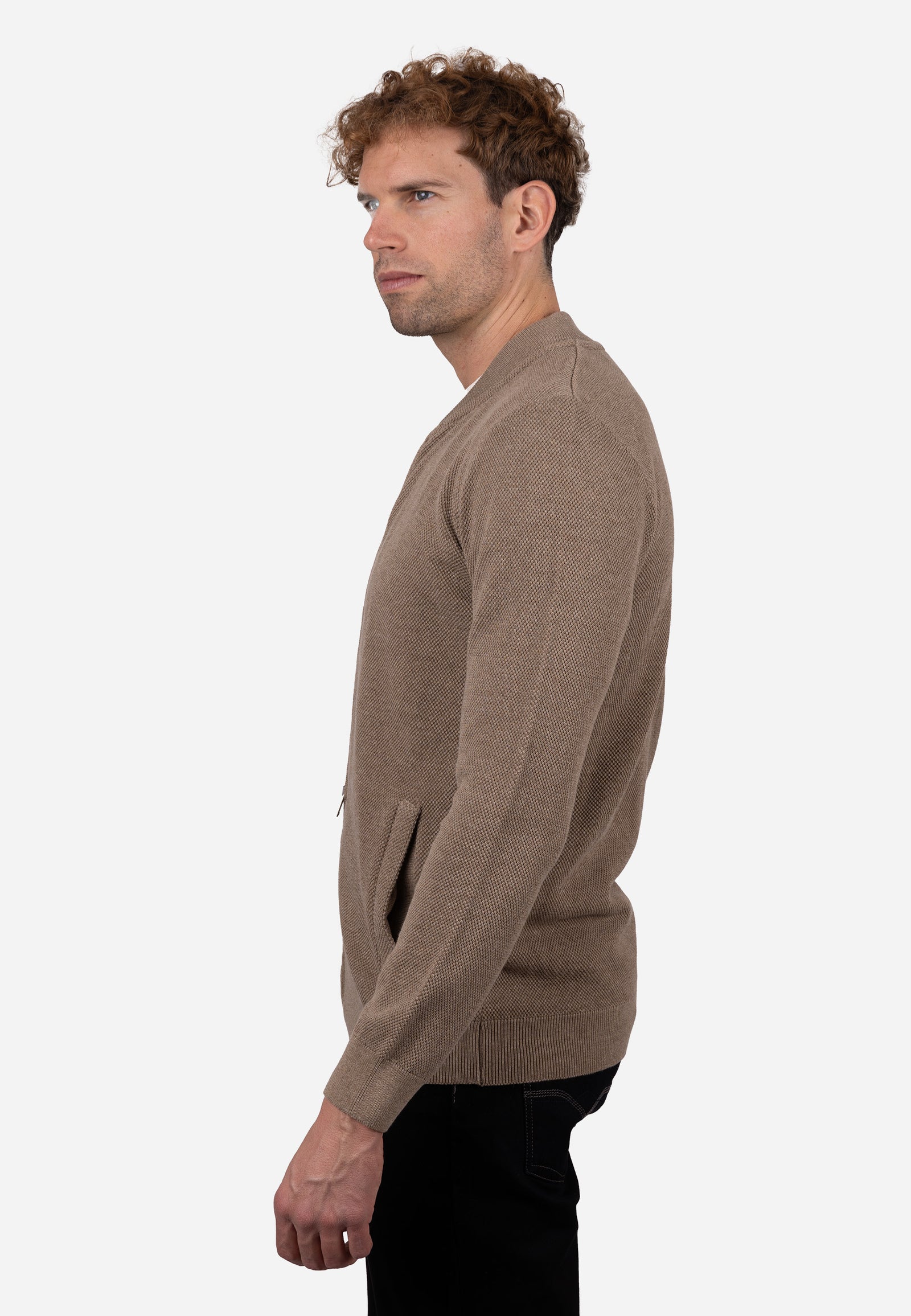 Cardigan Hombre Cuello Bomber Liso Granulado Camel