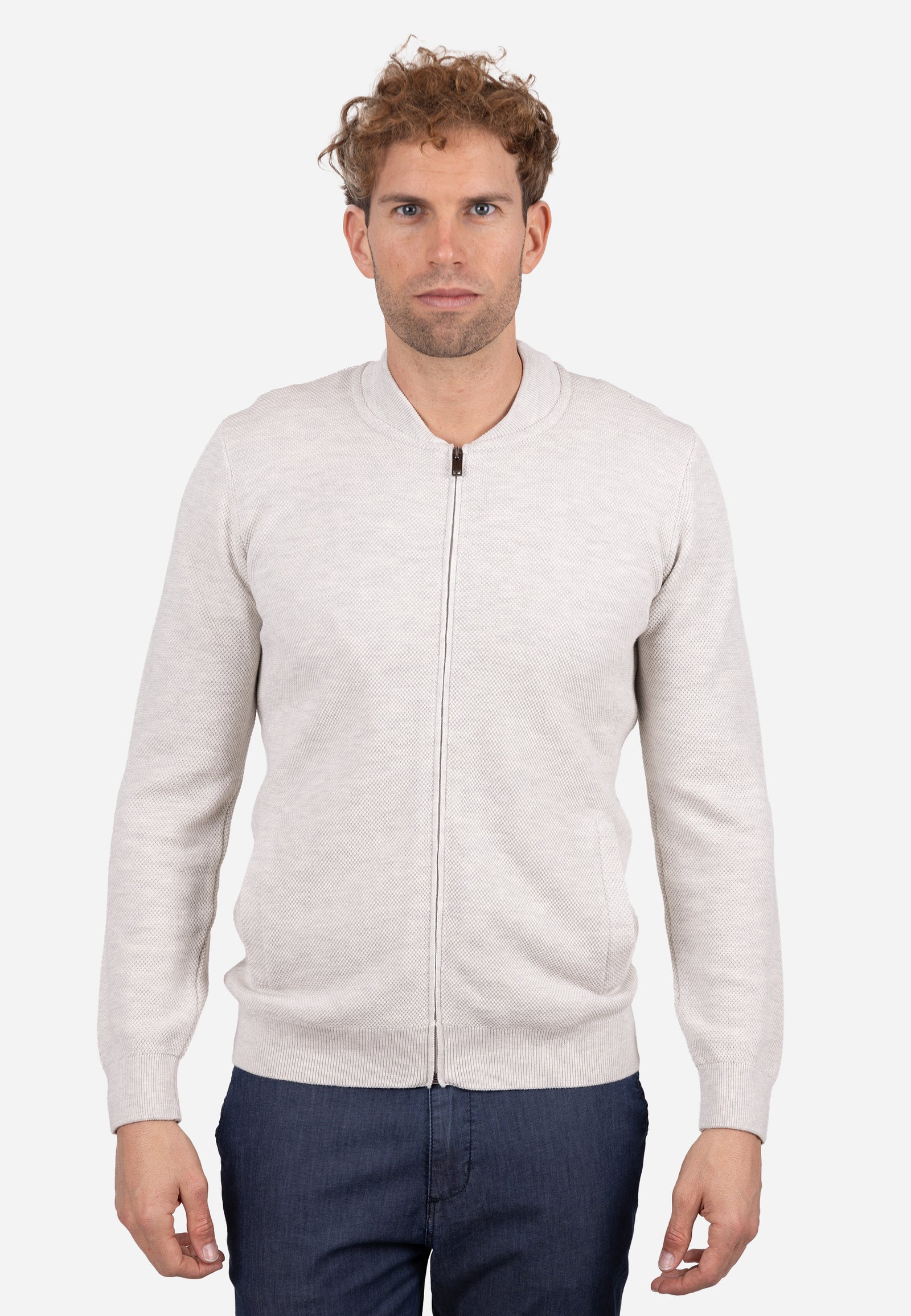 Cardigan Hombre Cuello Bomber Liso Granulado Crudo