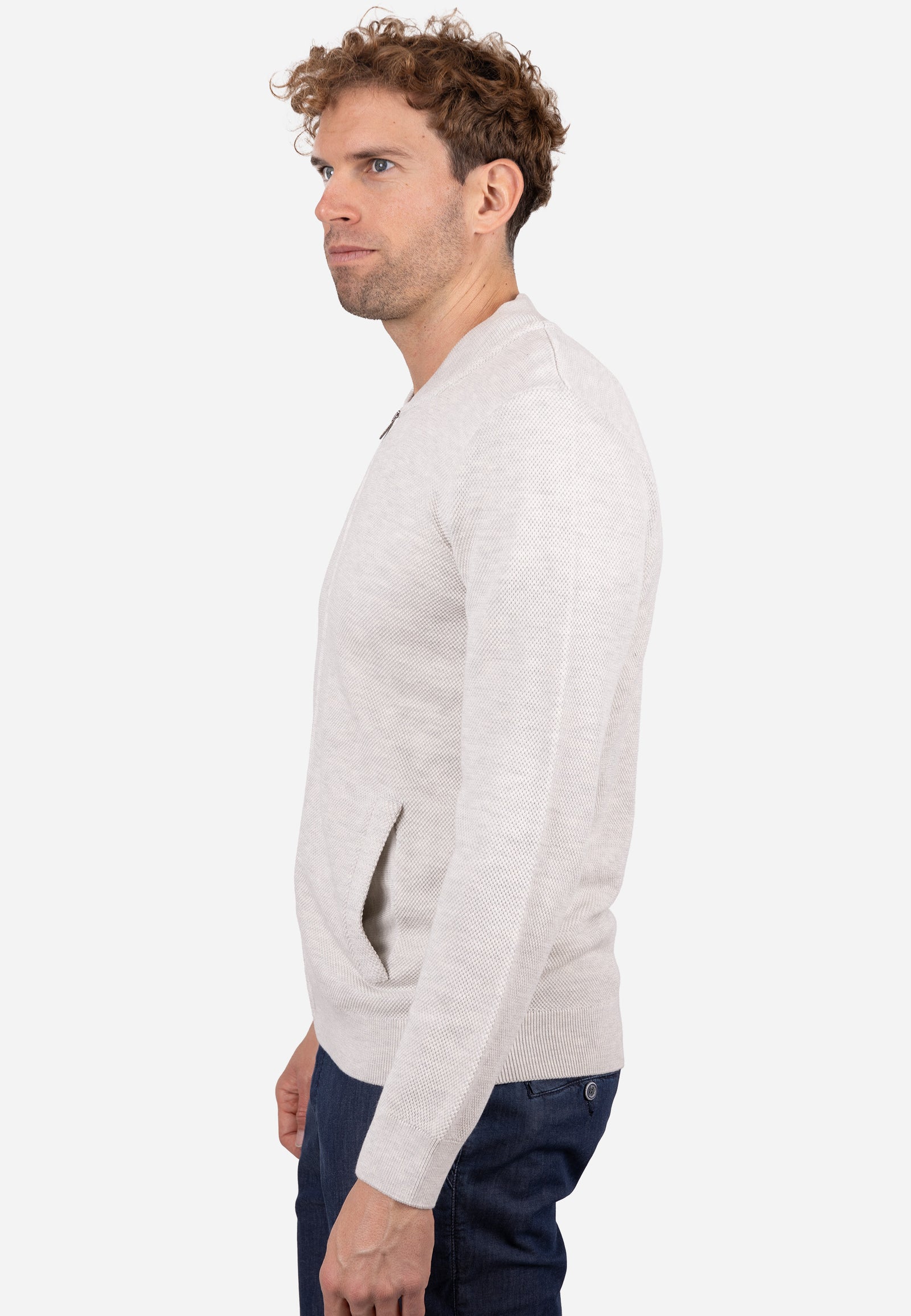 Cardigan Hombre Cuello Bomber Liso Granulado Crudo