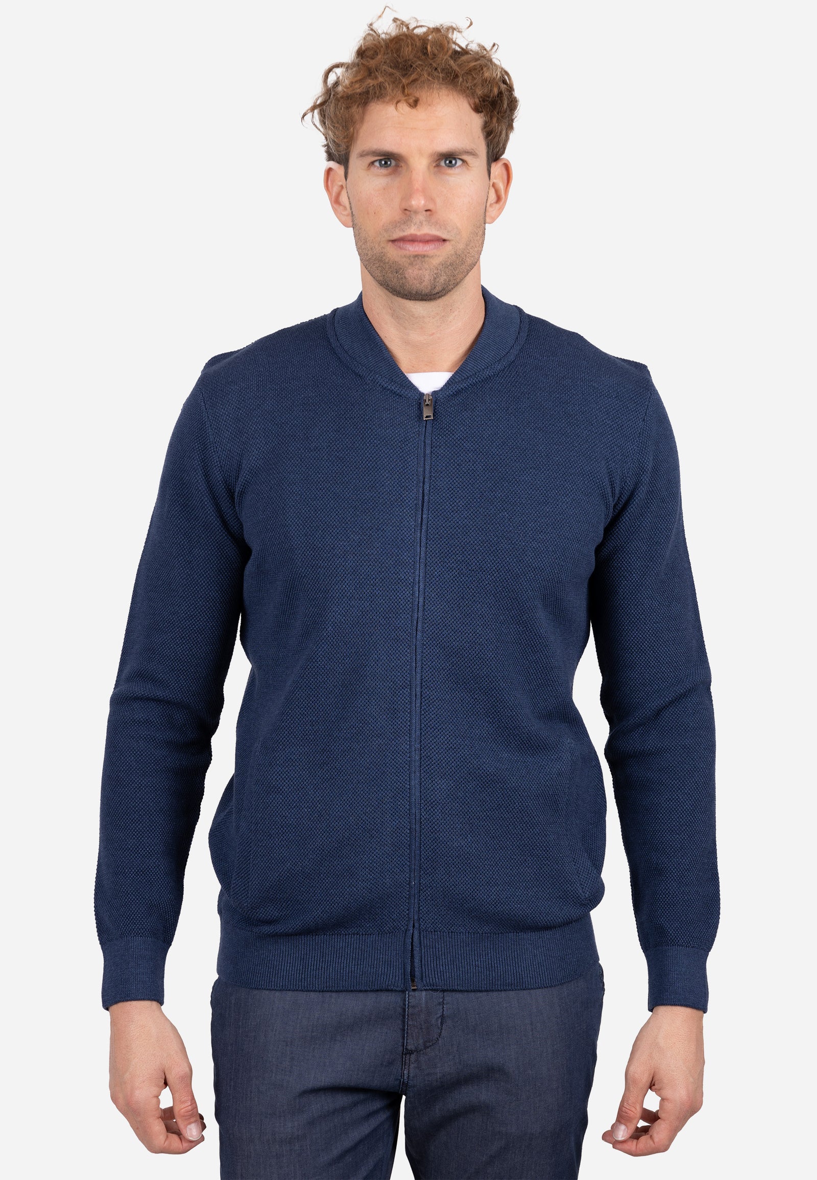Cardigan Hombre Cuello Bomber Liso Granulado Indigo