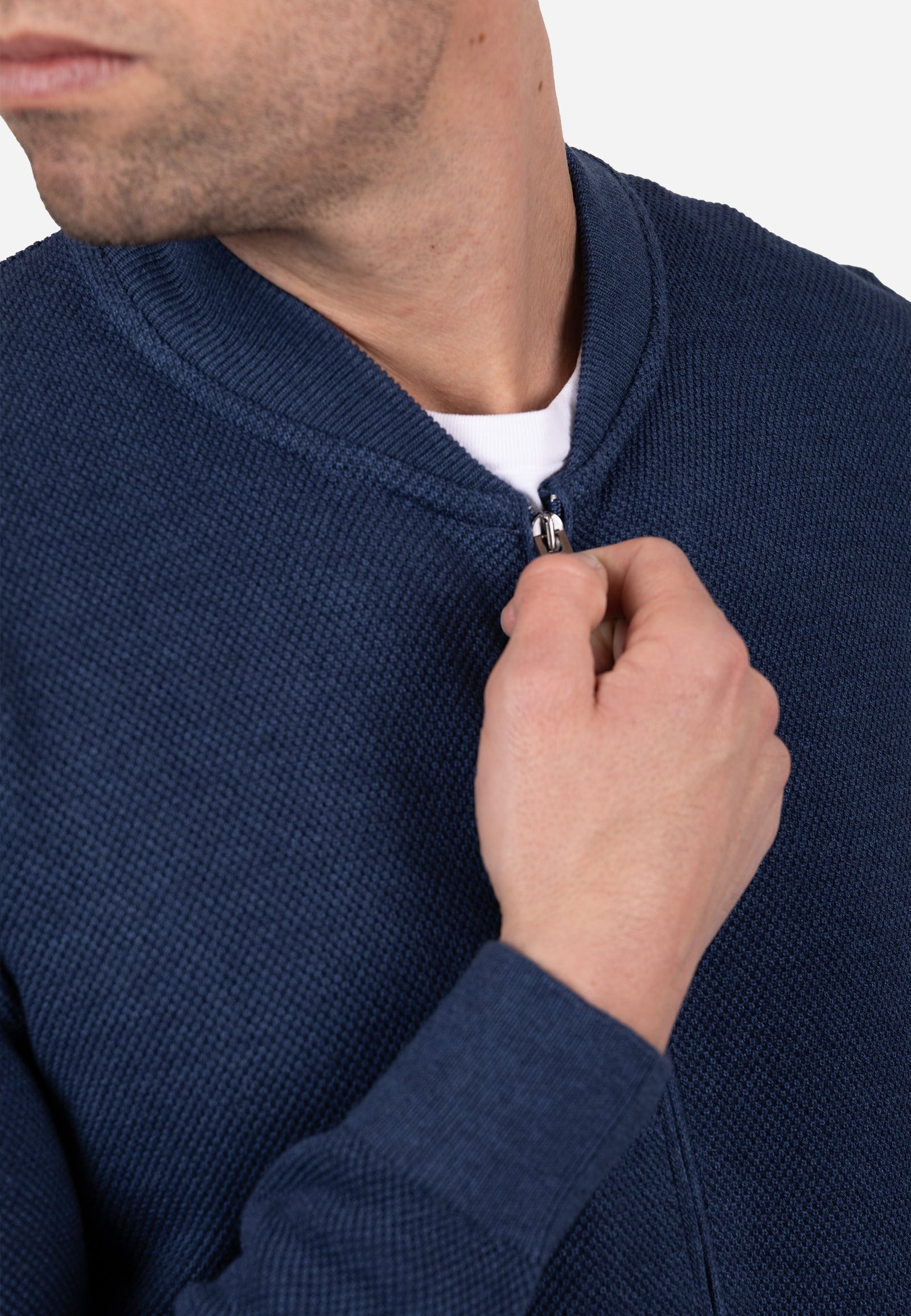 Cardigan Hombre Cuello Bomber Liso Granulado Indigo