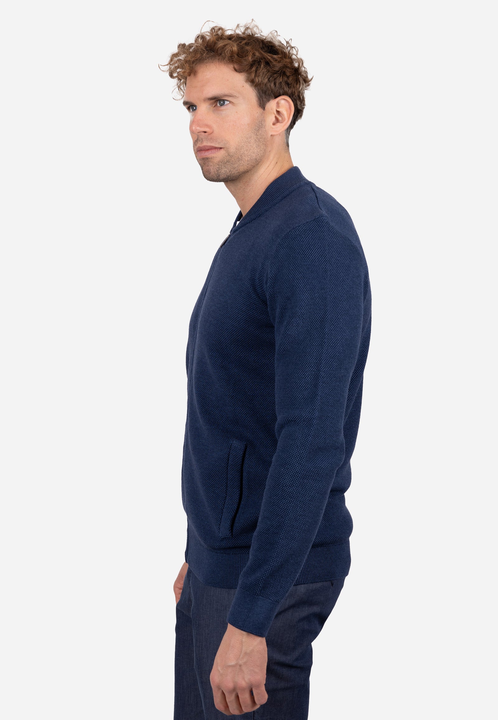 Cardigan Hombre Cuello Bomber Liso Granulado Indigo