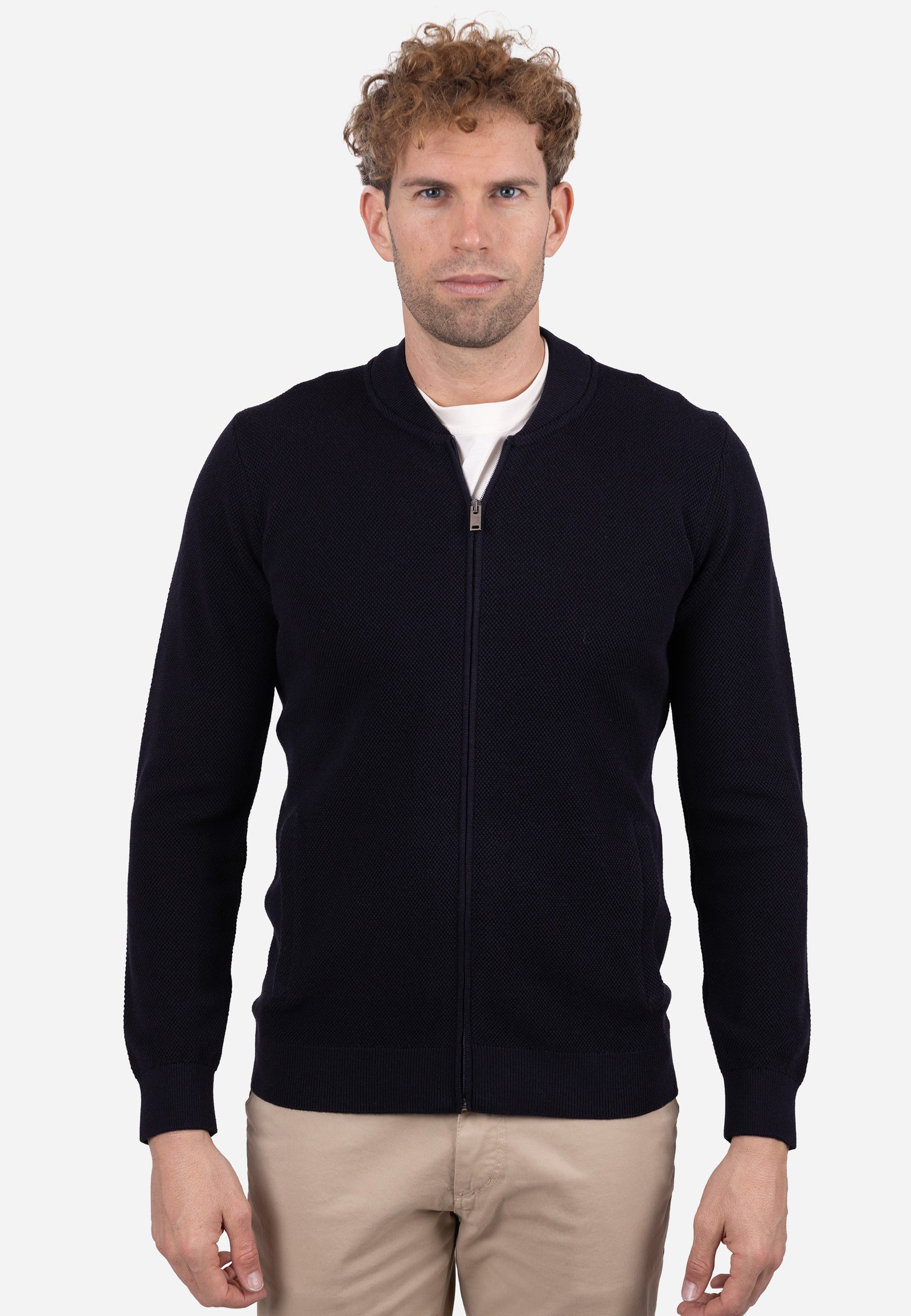 Cardigan Hombre Cuello Bomber Liso Granulado Marino