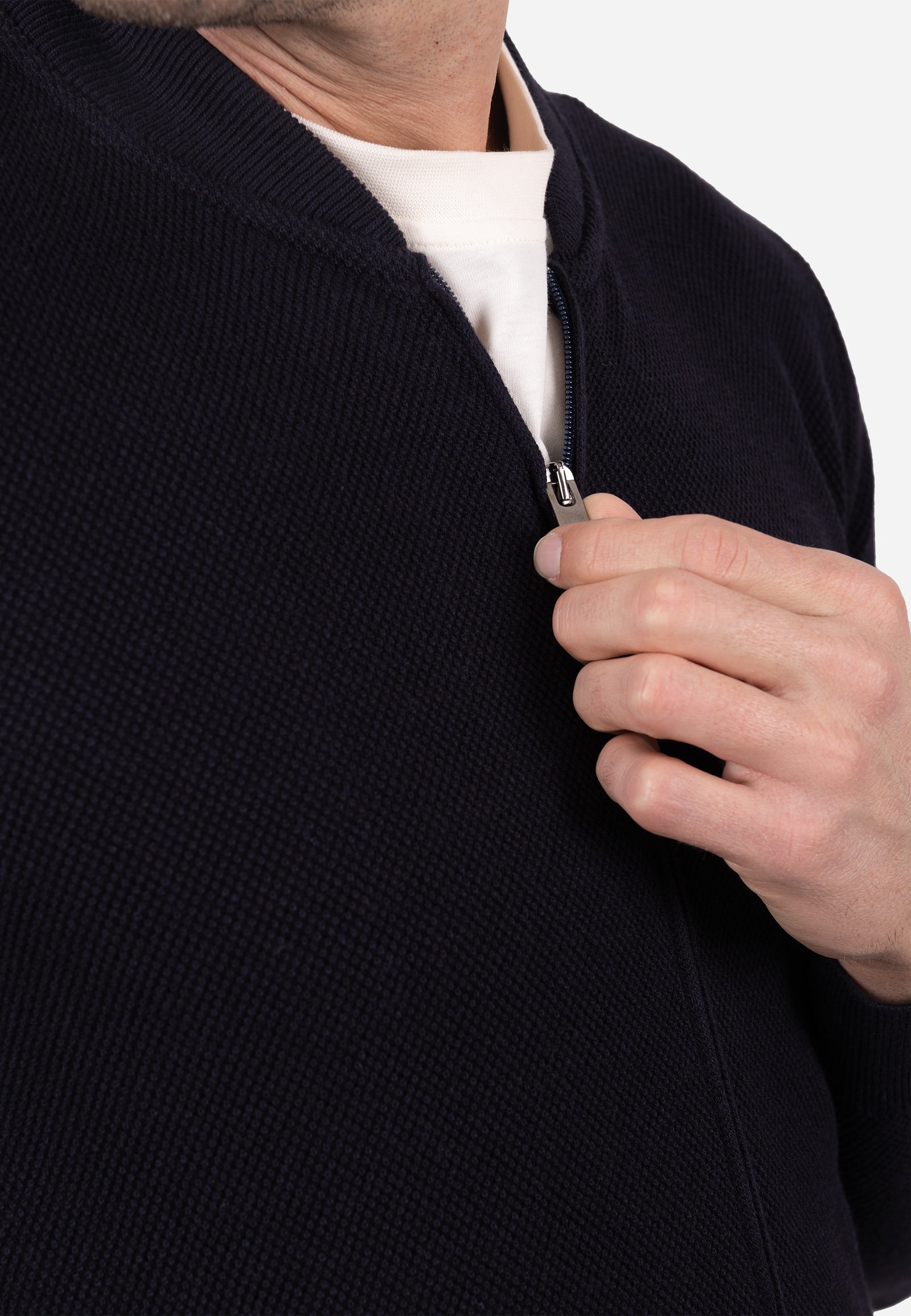Cardigan Hombre Cuello Bomber Liso Granulado Marino
