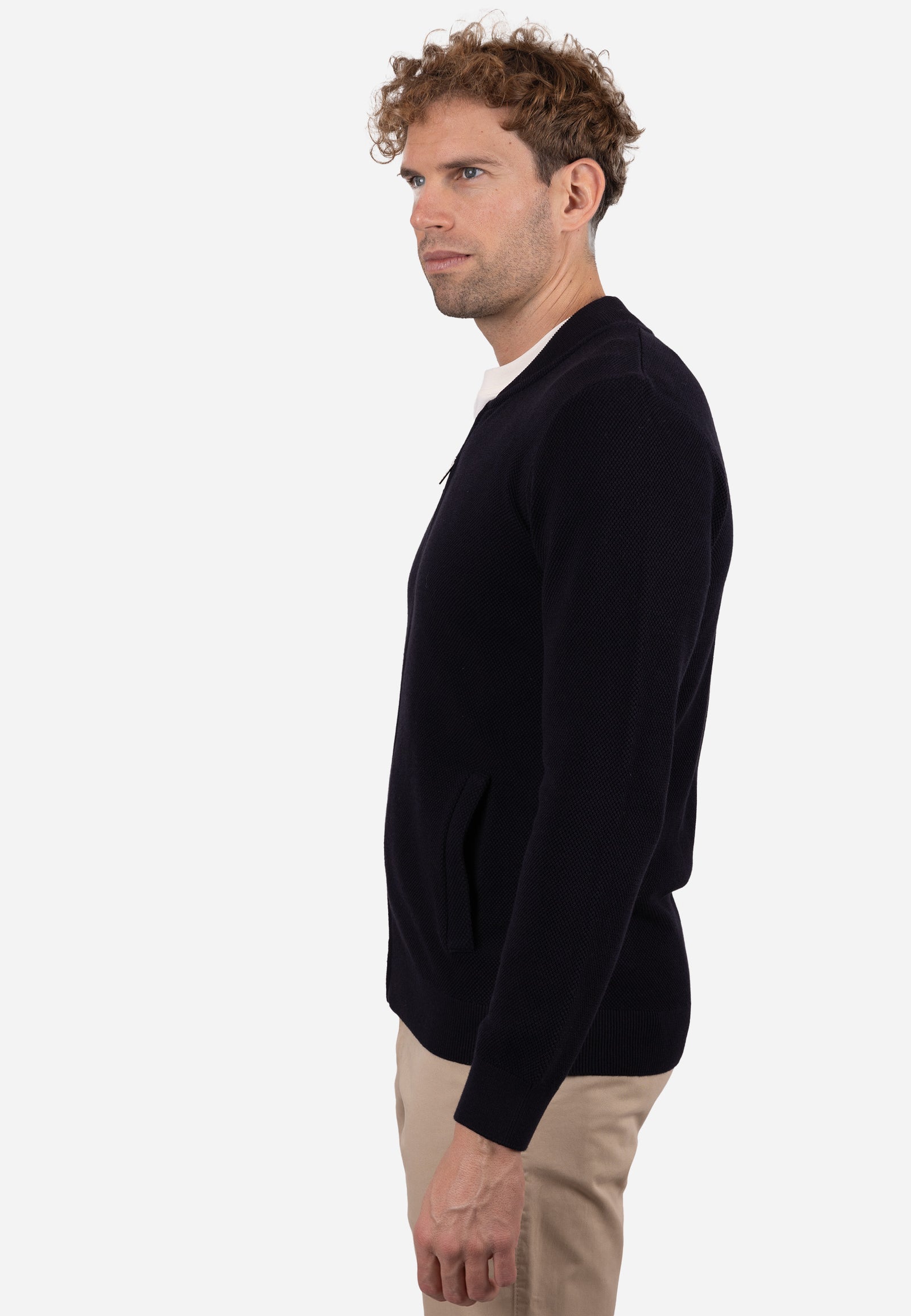 Cardigan Hombre Cuello Bomber Liso Granulado Marino