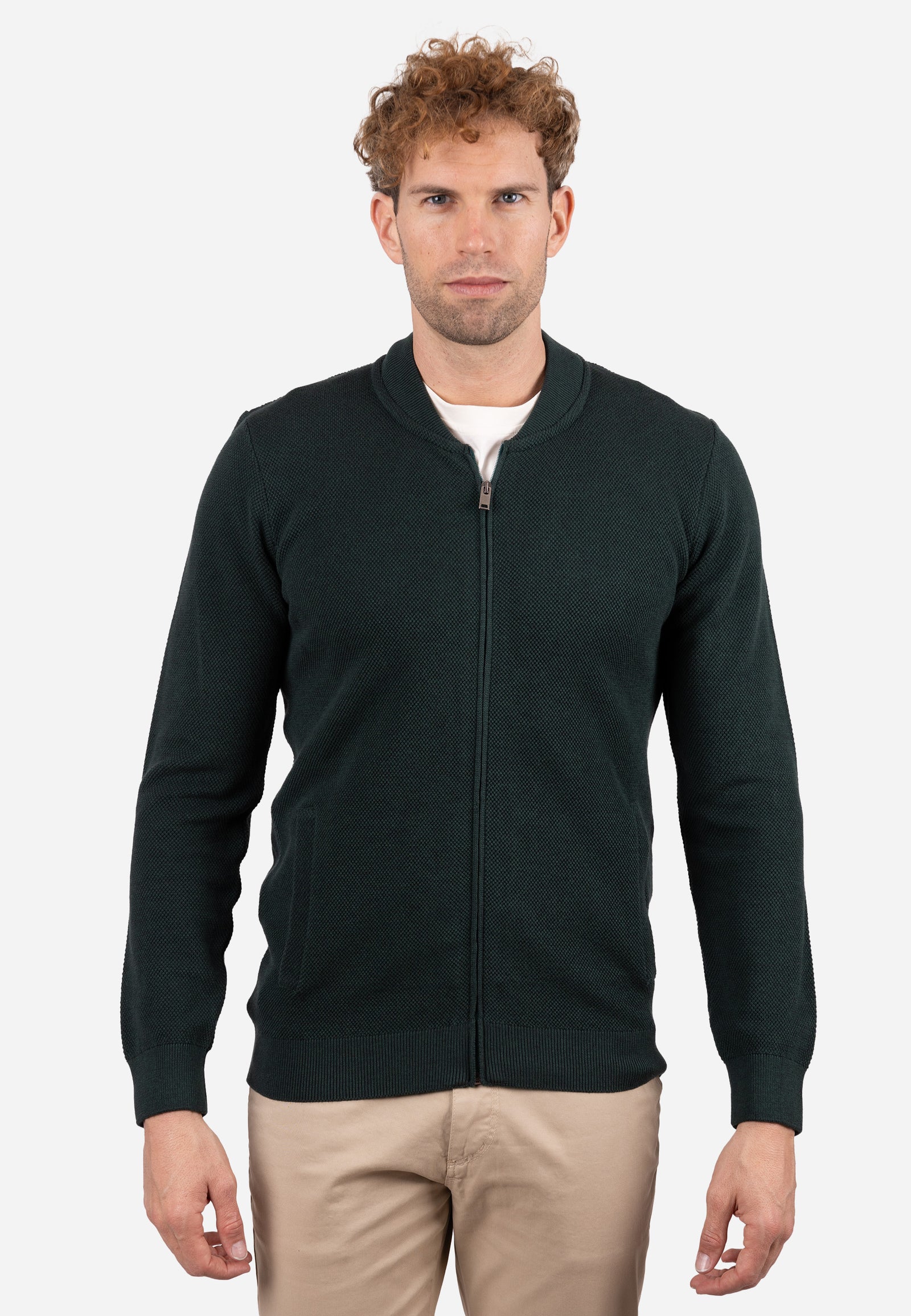 Cardigan Hombre Cuello Bomber Liso Granulado Verde