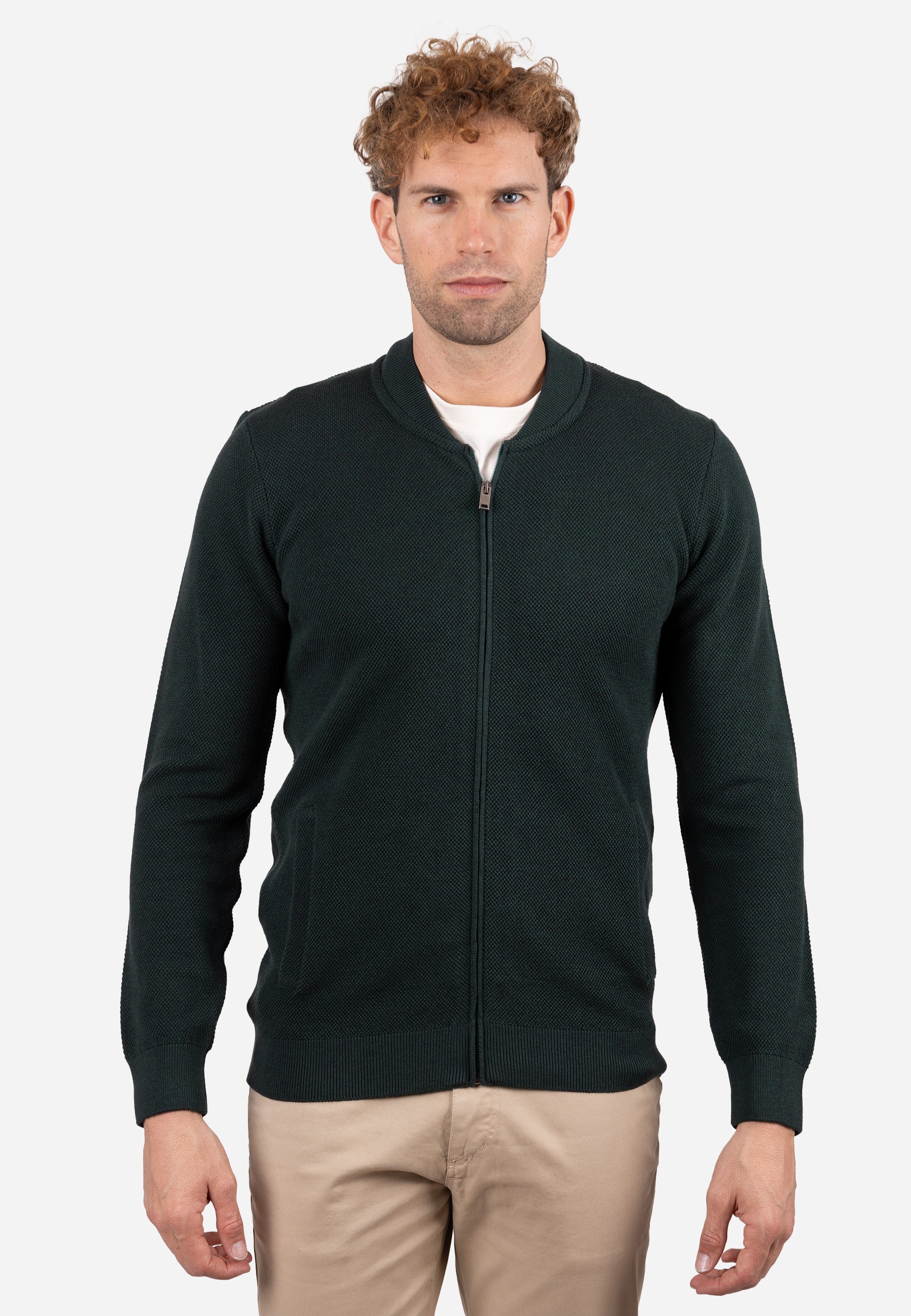 Cardigan Hombre Cuello Bomber Liso Granulado Verde
