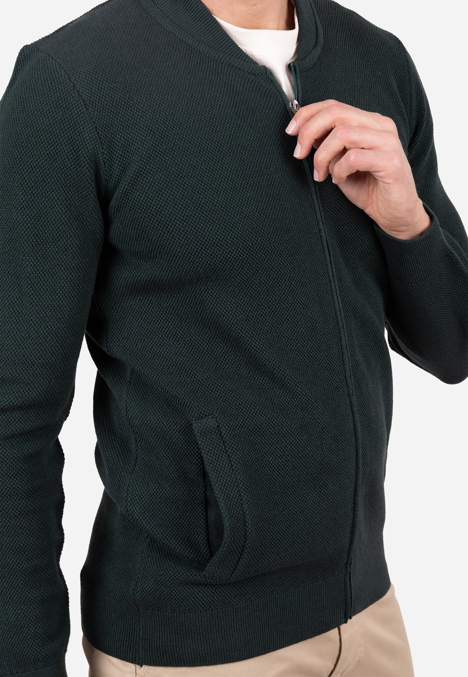 Cardigan Hombre Cuello Bomber Liso Granulado Verde