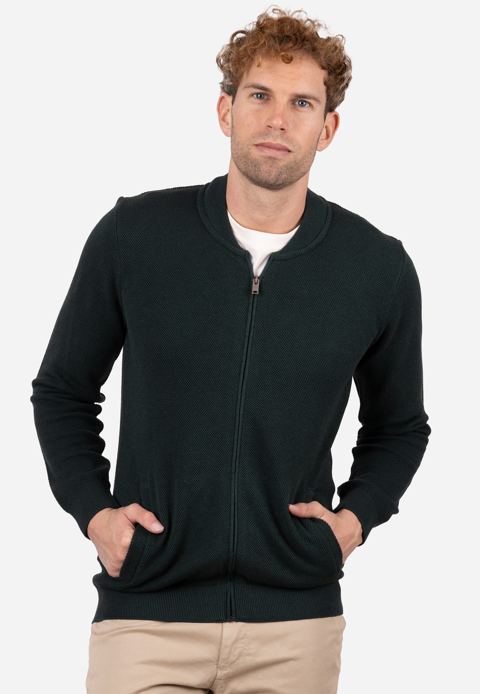 Cardigan Hombre Cuello Bomber Liso Granulado Verde