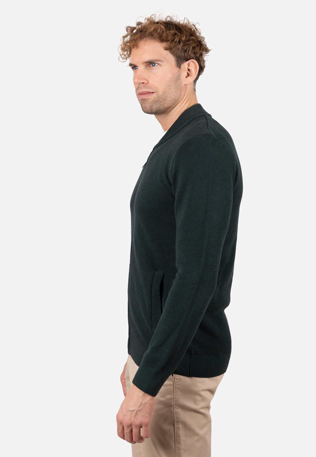 Cardigan Hombre Cuello Bomber Liso Granulado Verde