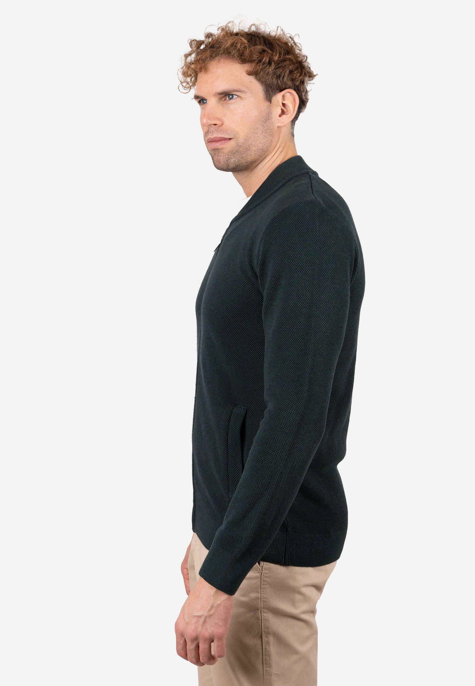 Cardigan Hombre Cuello Bomber Liso Granulado Verde