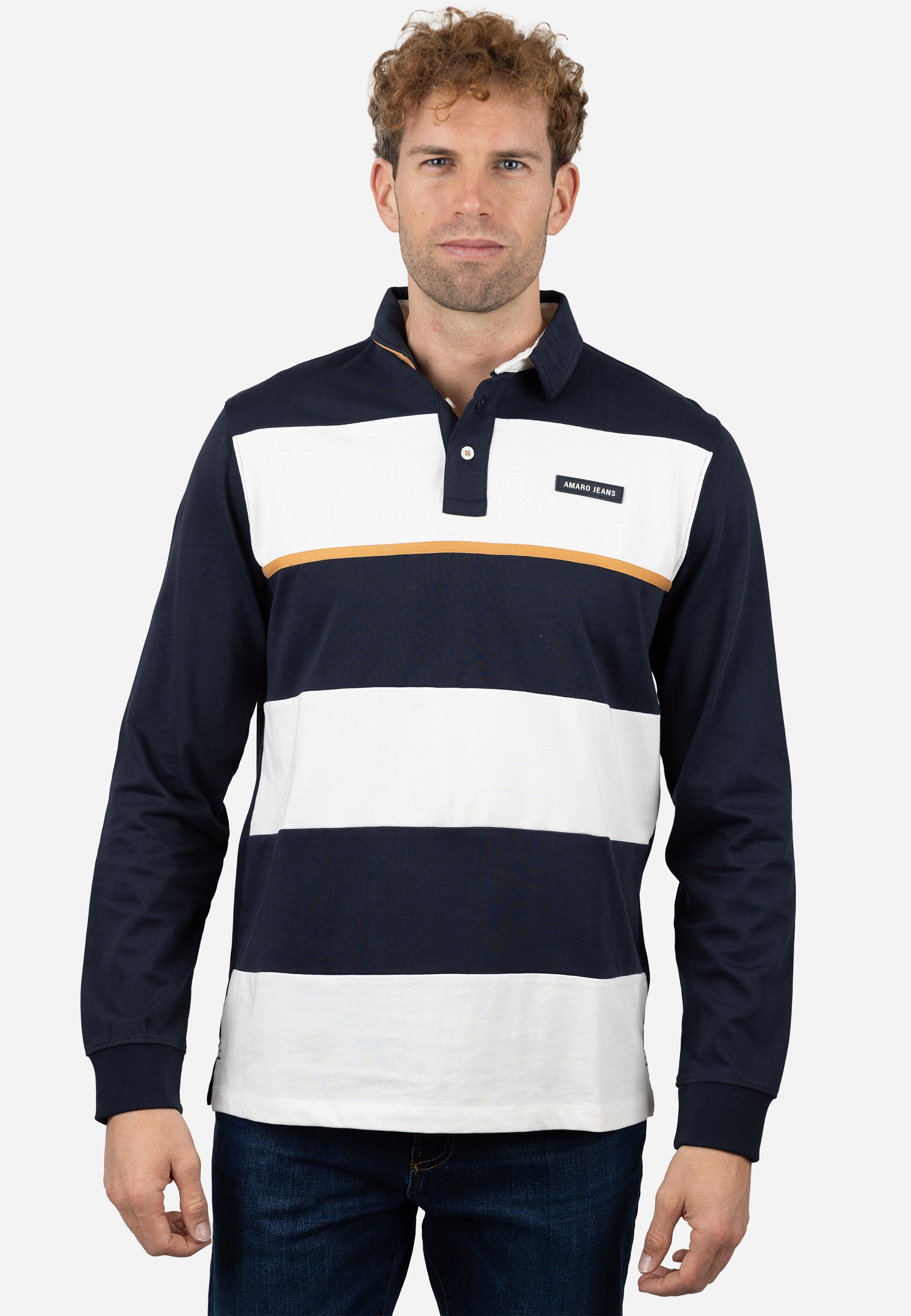 Polo Rugby Hombre Azul Marino y Blanco con Detalles Amarillos