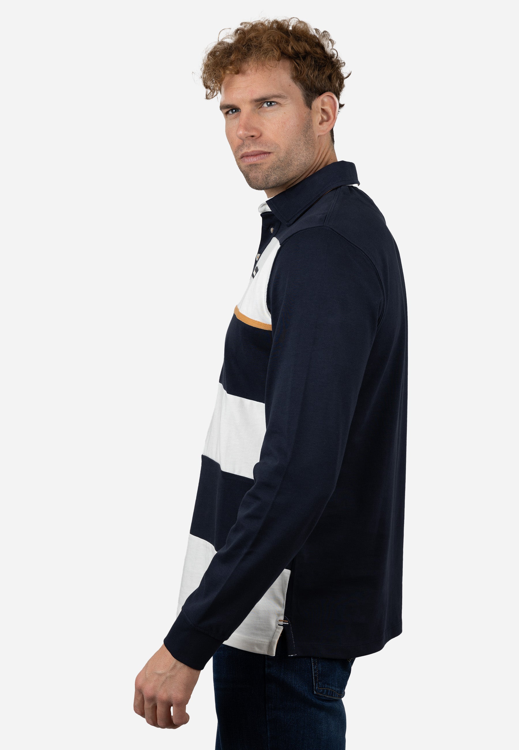 Polo Rugby Hombre Azul Marino y Blanco con Detalles Amarillos