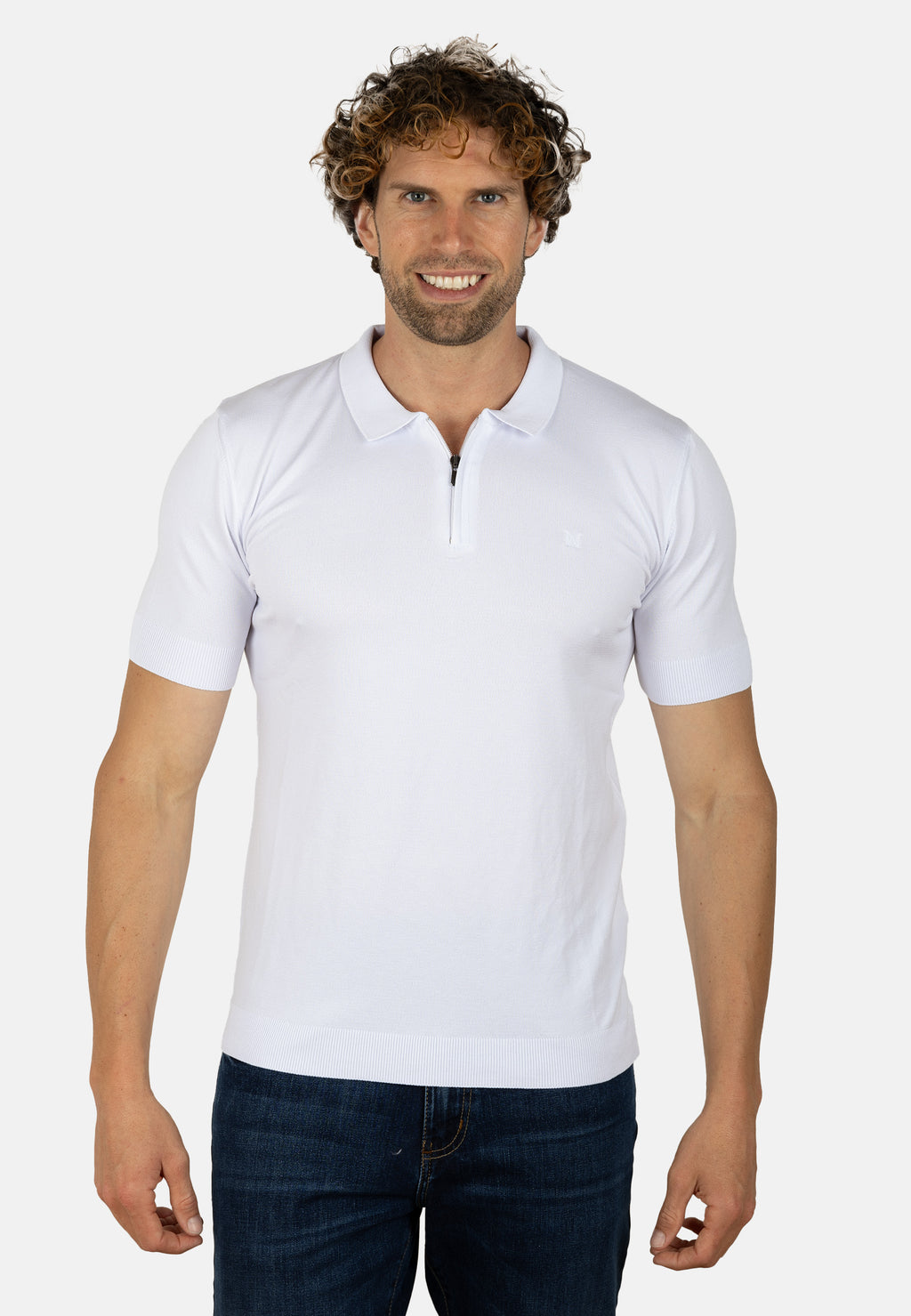 Polo blanco de punto para hombre con cremallera
