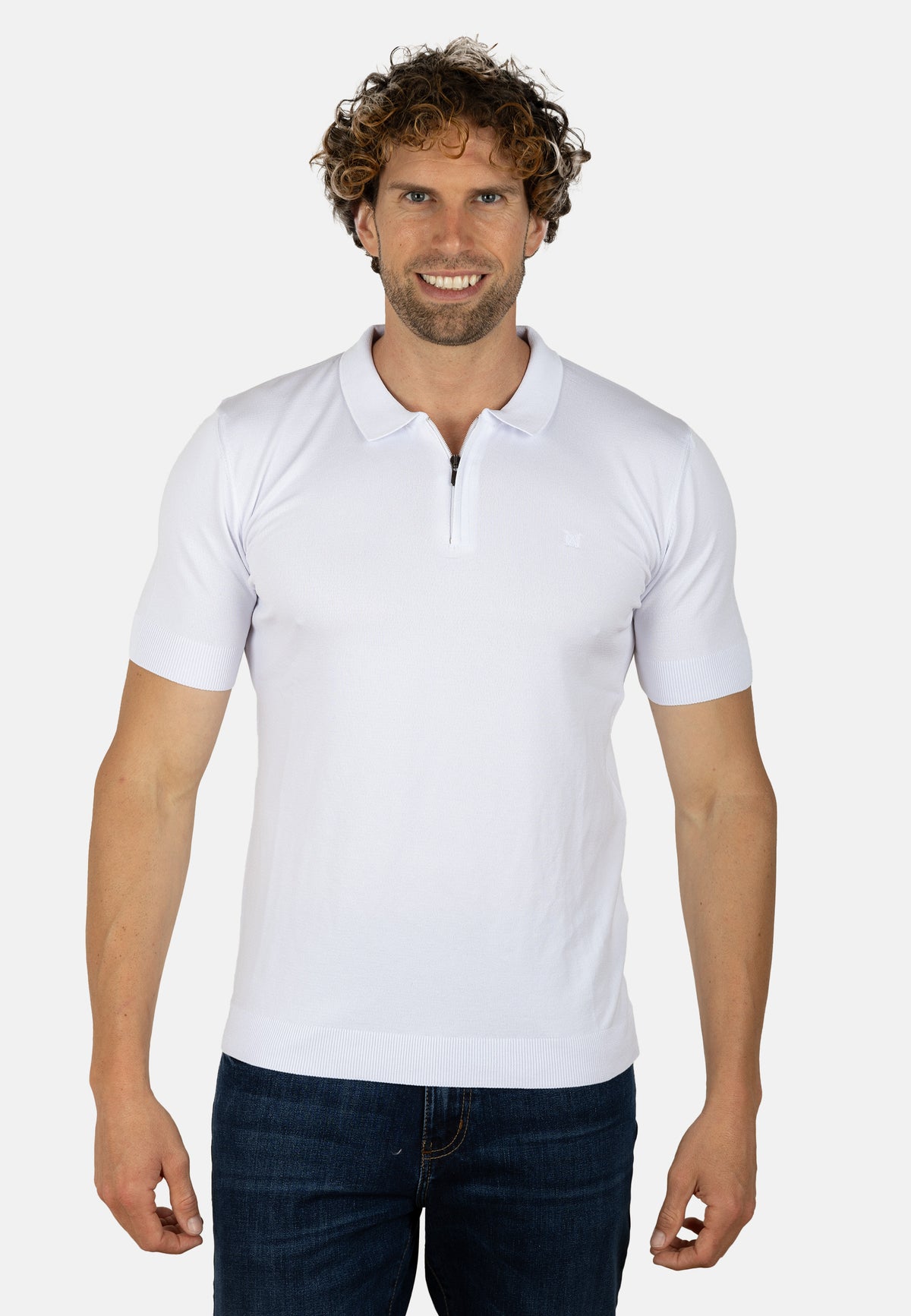 Polo blanco de punto para hombre con cremallera