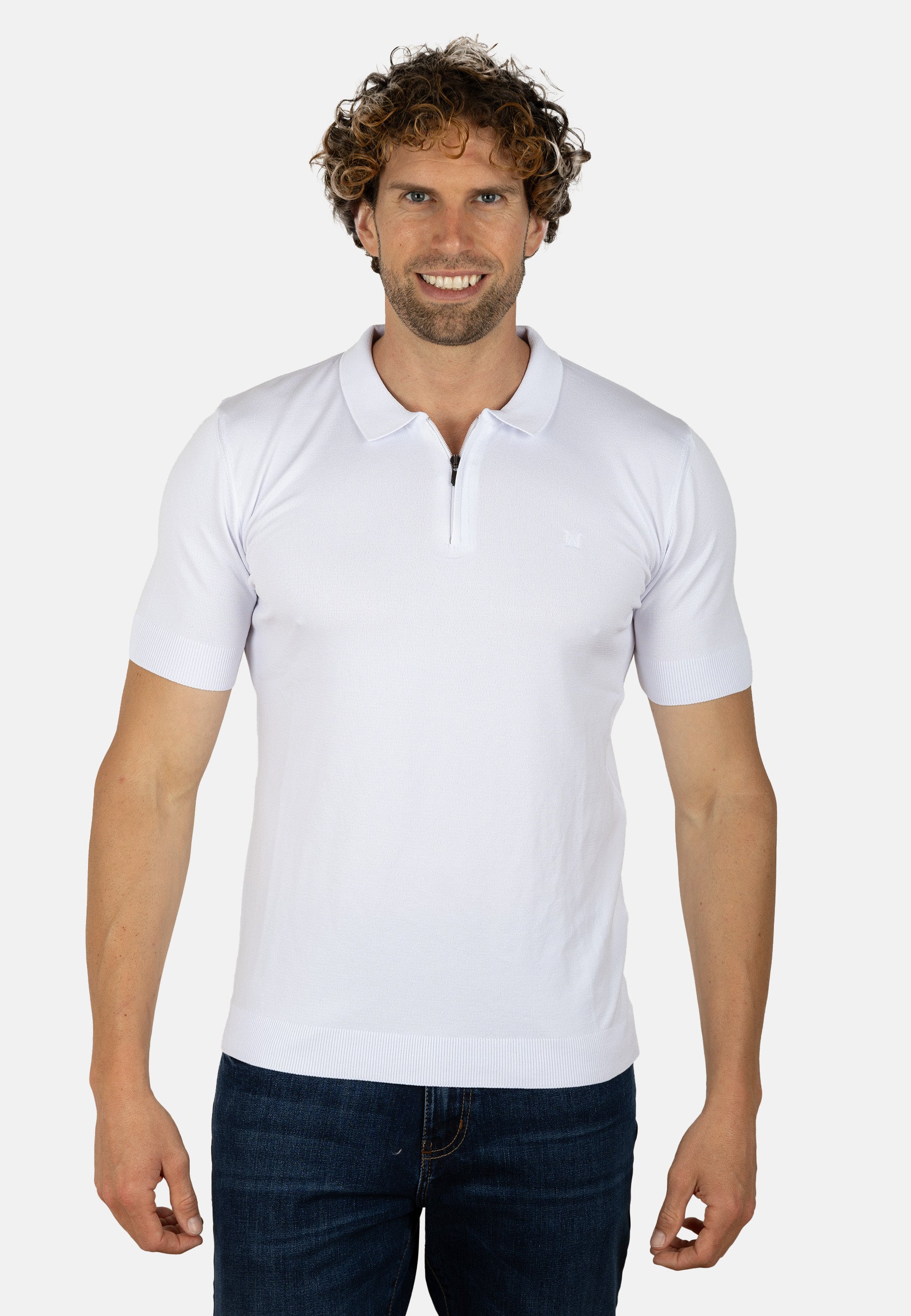 Polo blanco de punto para hombre con cremallera