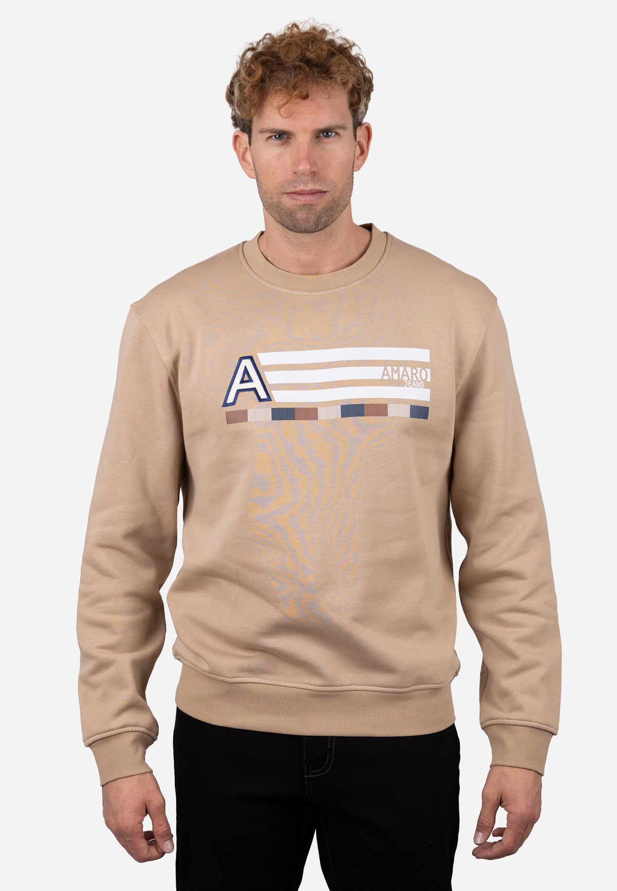 Sudadera Cuello Redondo AJ con Bordado y Detalle Rayado Beige