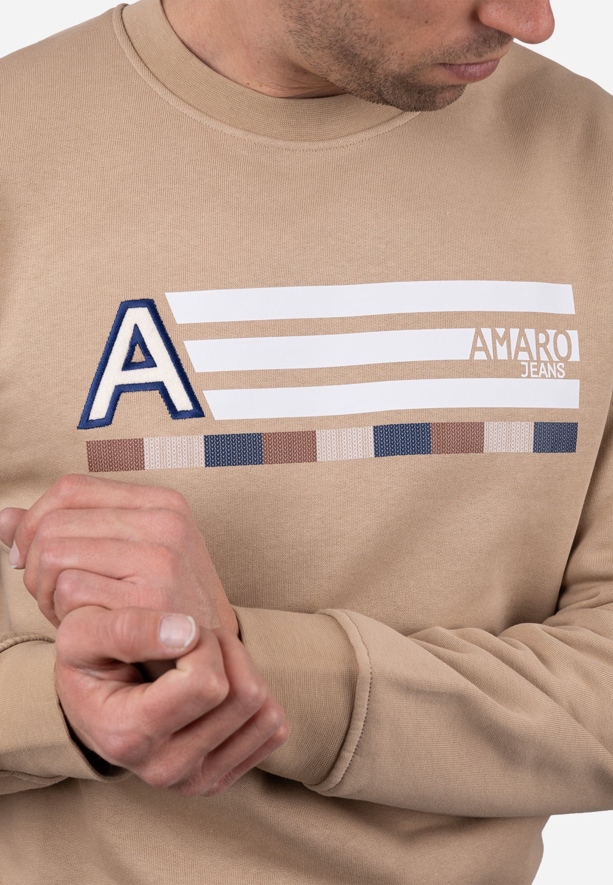 Sudadera Cuello Redondo AJ con Bordado y Detalle Rayado Beige