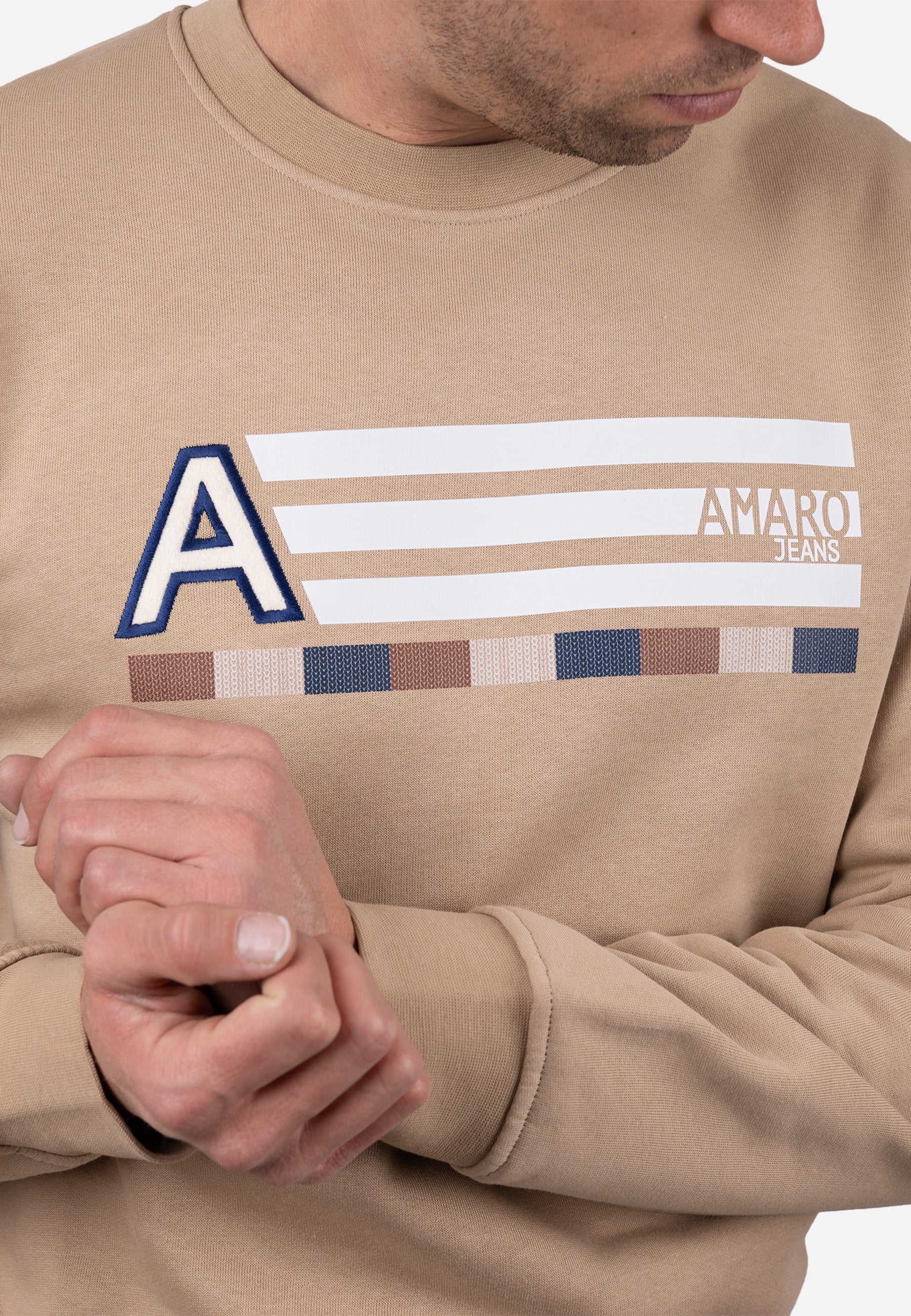 Sudadera Cuello Redondo AJ con Bordado y Detalle Rayado Beige