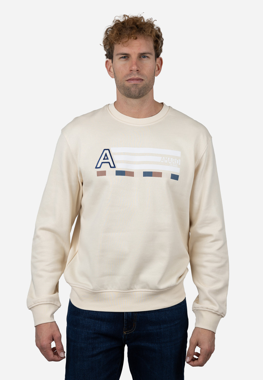 Sudadera Cuello Redondo AJ con Bordado y Detalle Rayado Crudo