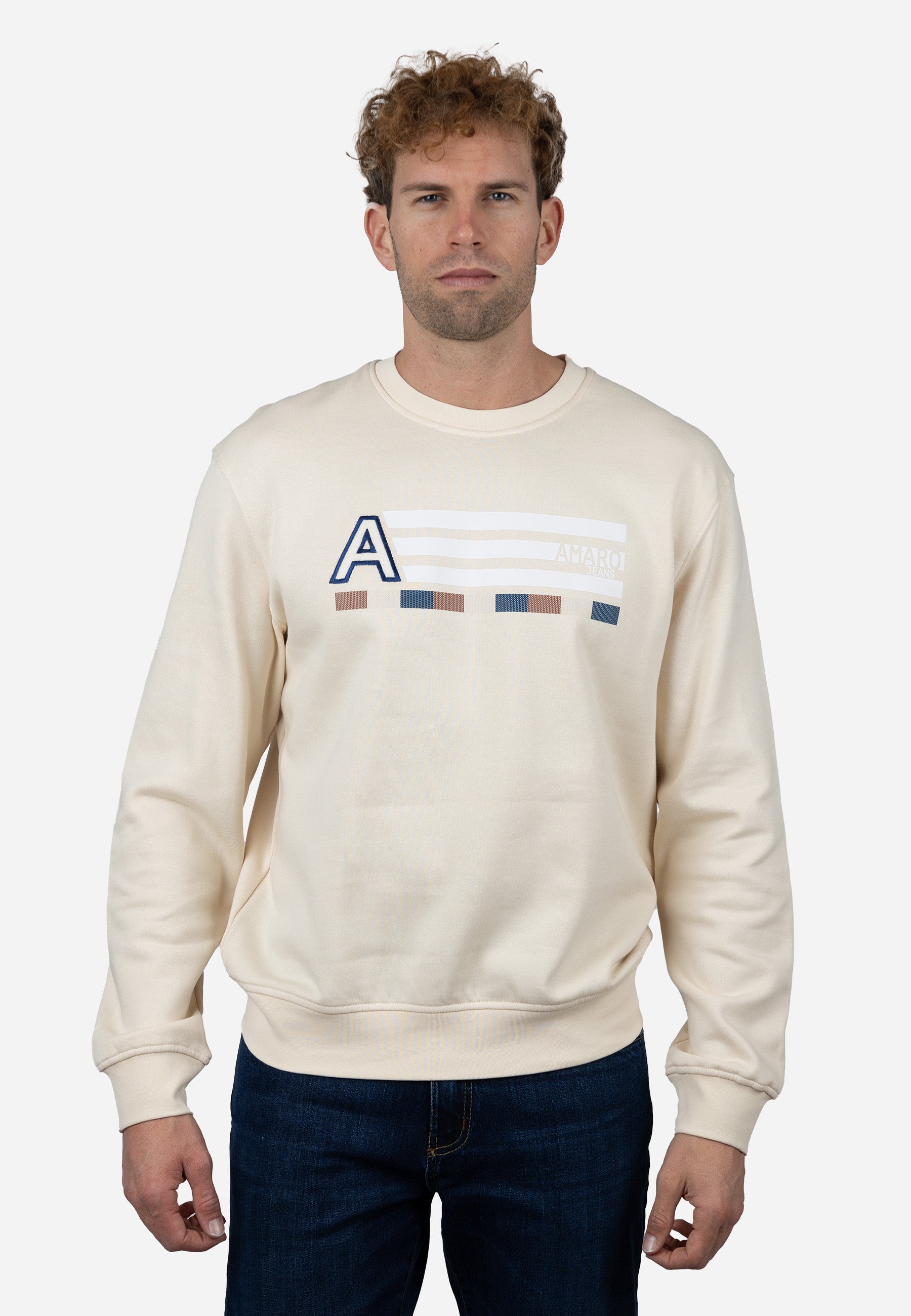 Sudadera Cuello Redondo AJ con Bordado y Detalle Rayado Crudo