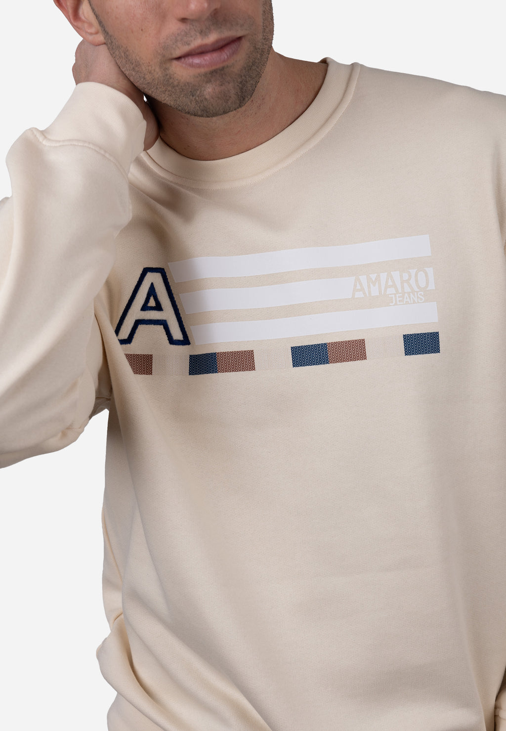 Sudadera Cuello Redondo AJ con Bordado y Detalle Rayado Crudo