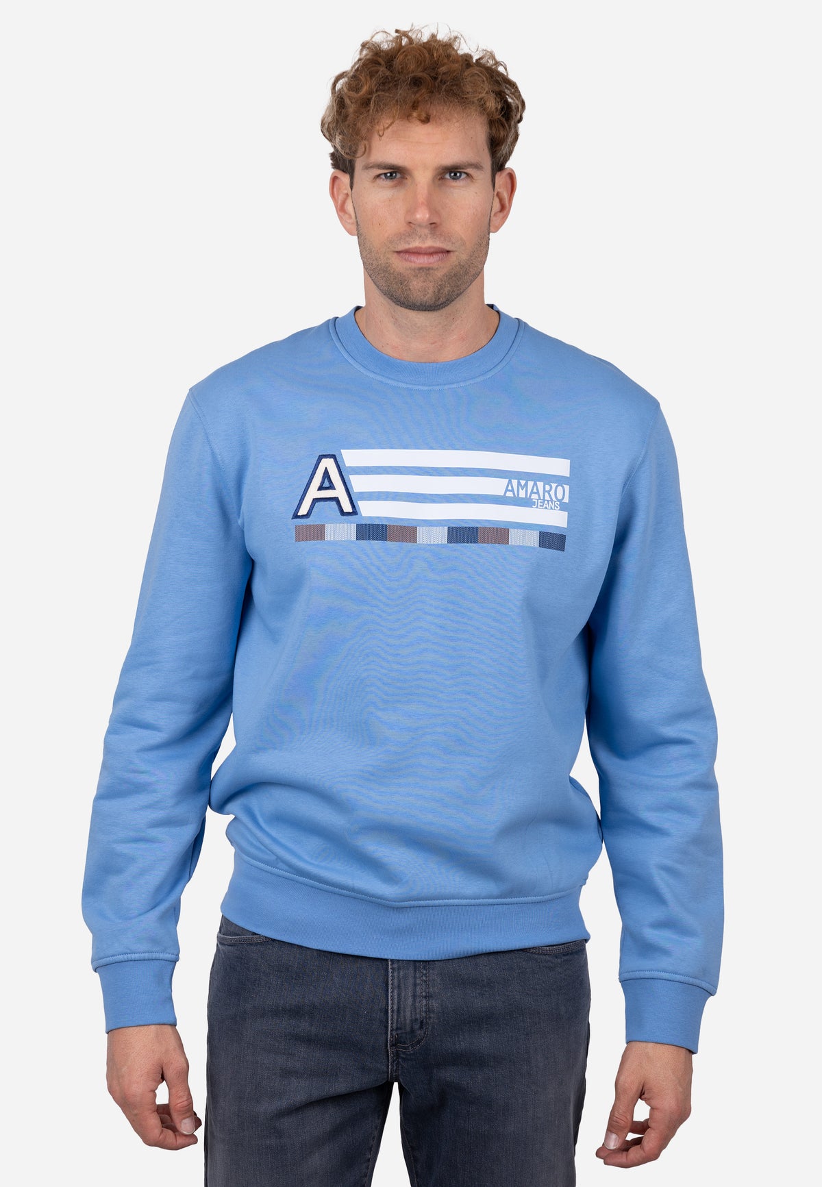 Sudadera Cuello Redondo AJ con Bordado y Detalle Rayado Celeste
