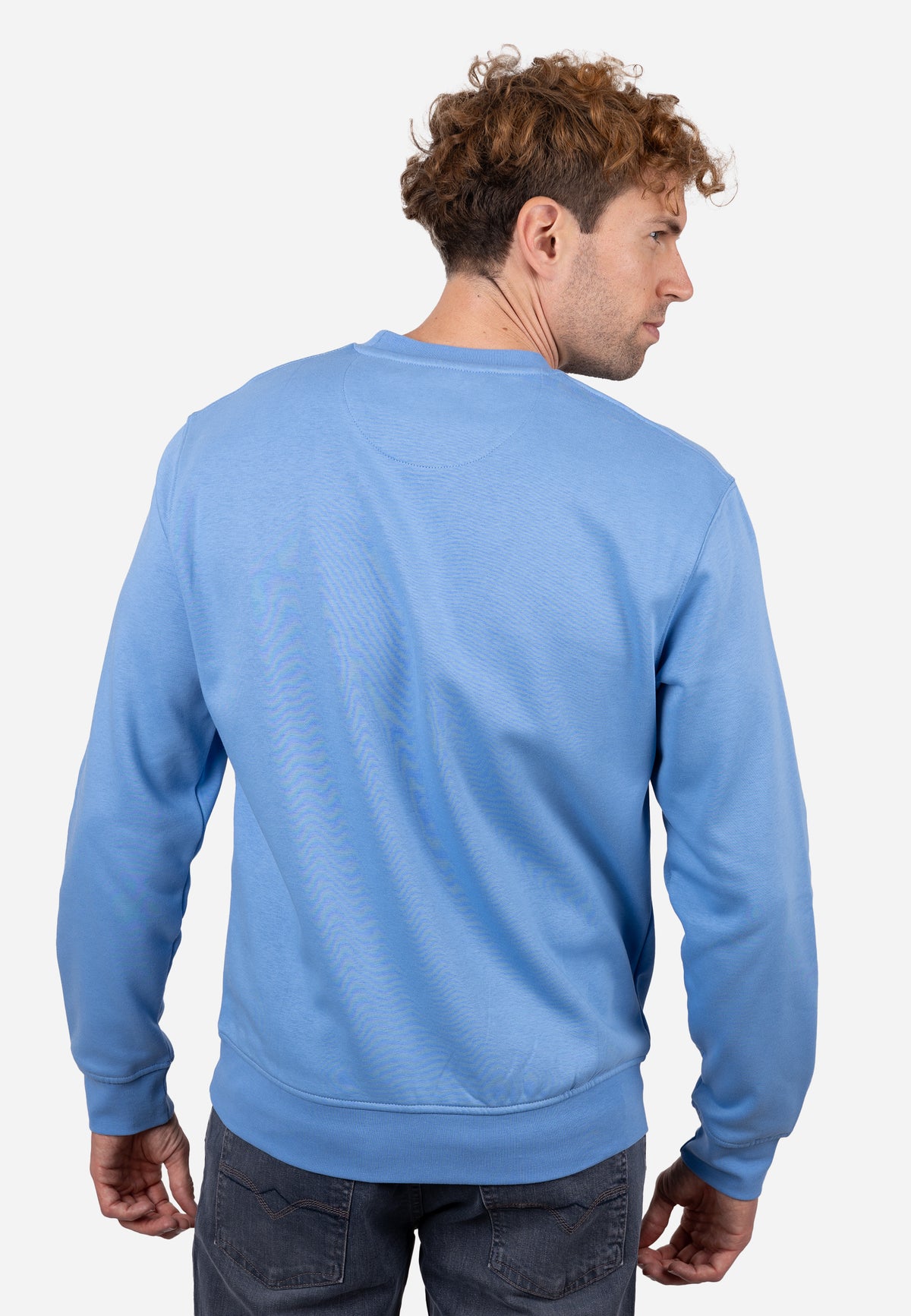 Sudadera Cuello Redondo AJ con Bordado y Detalle Rayado Celeste