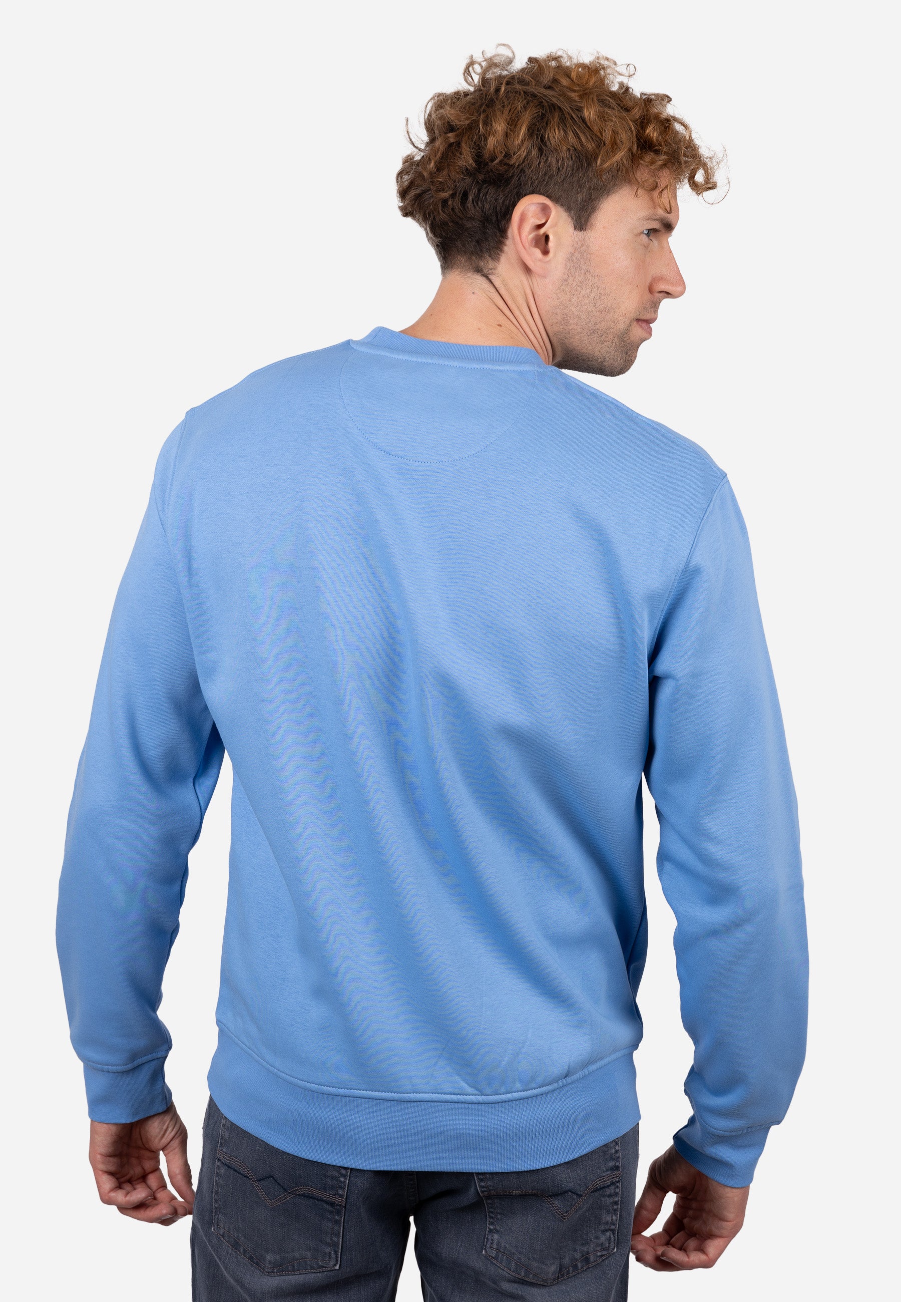 Sudadera Cuello Redondo AJ con Bordado y Detalle Rayado Celeste