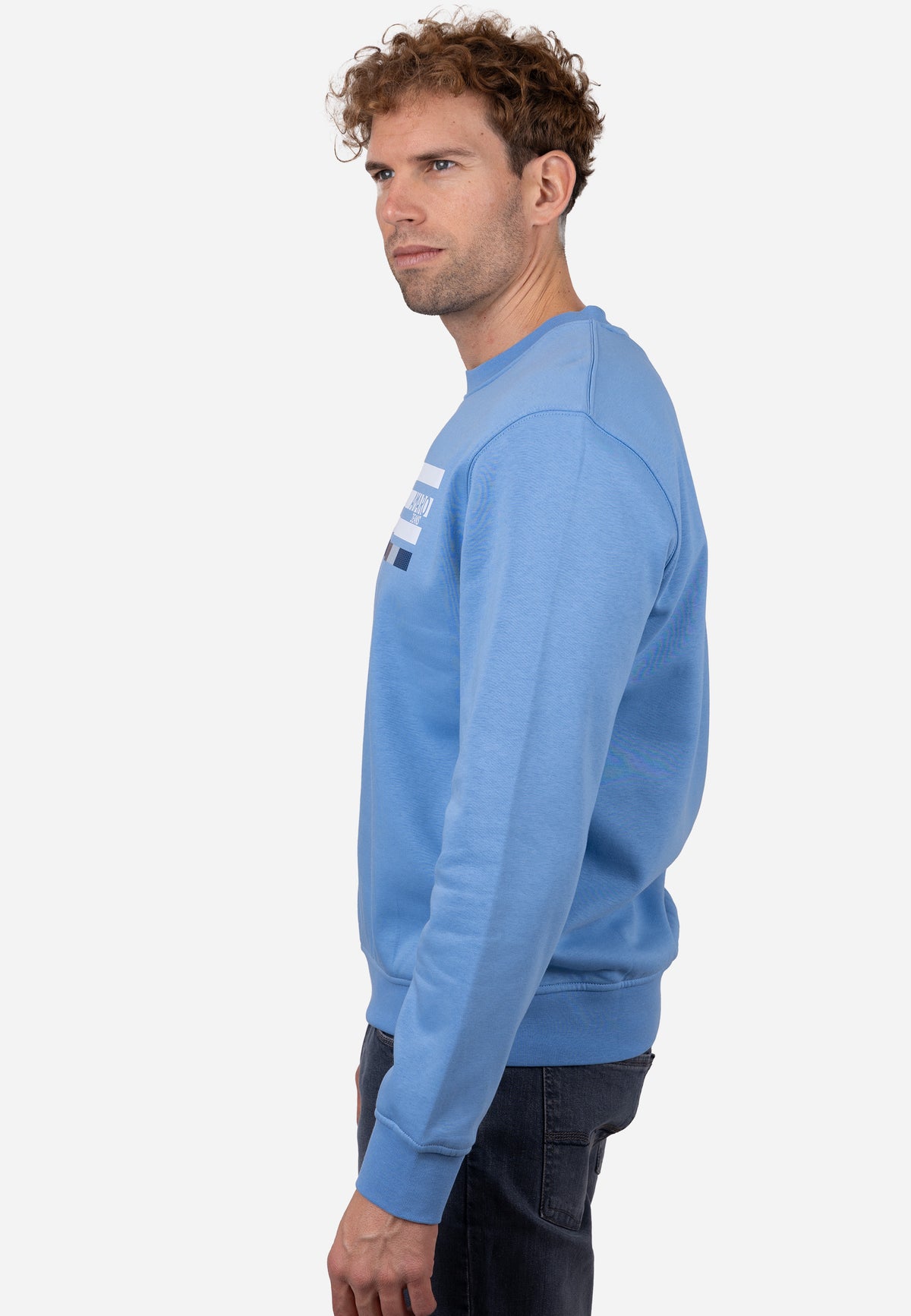 Sudadera Cuello Redondo AJ con Bordado y Detalle Rayado Celeste