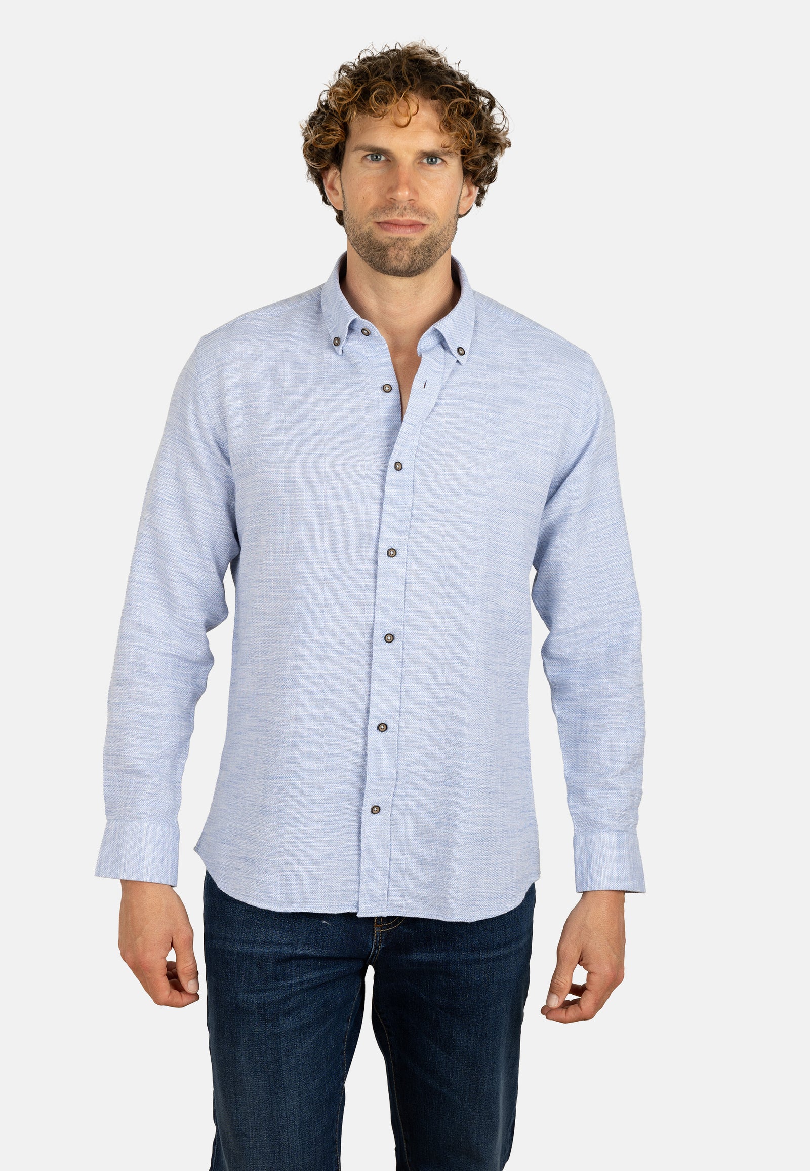 Camisa celeste de algodón rústico con cuello con botones