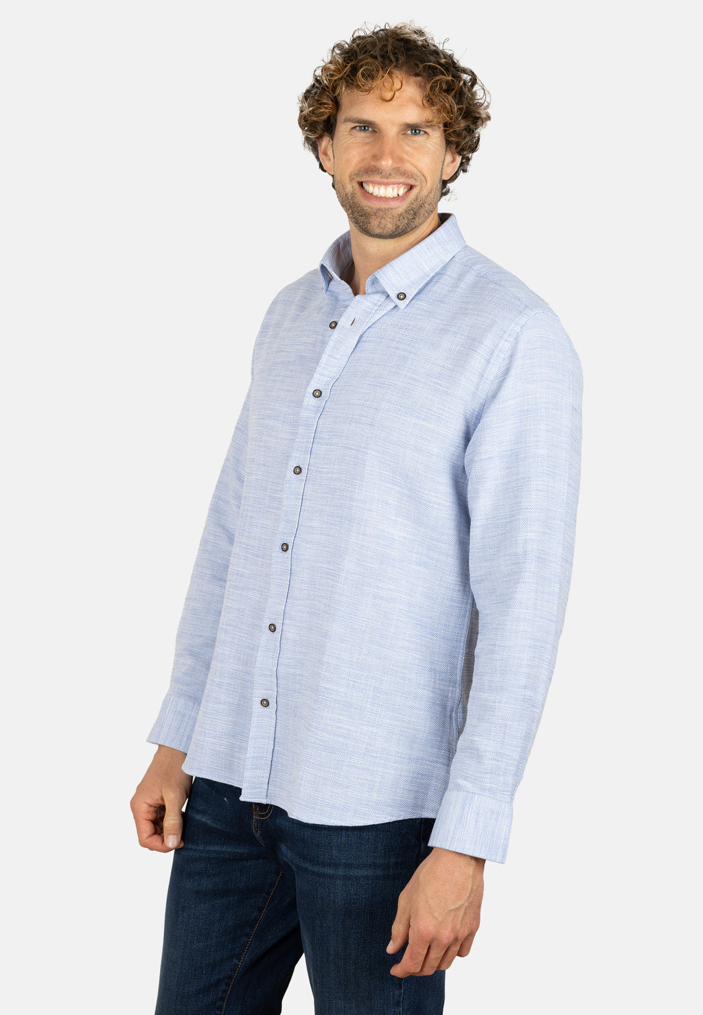 Camisa celeste de algodón rústico con cuello con botones